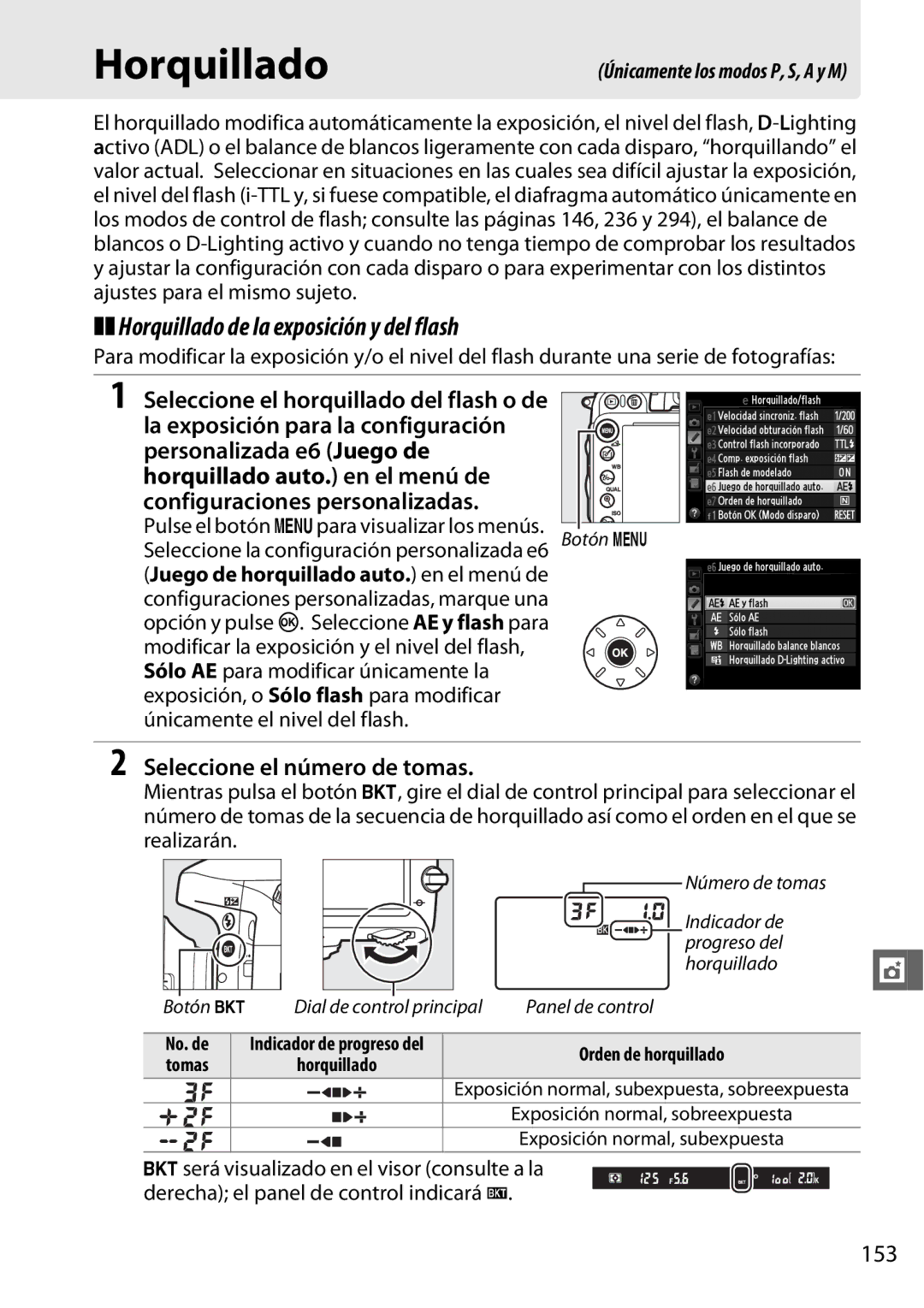 Nikon D600 manual Horquillado de la exposición y del flash, Seleccione el número de tomas, 153 