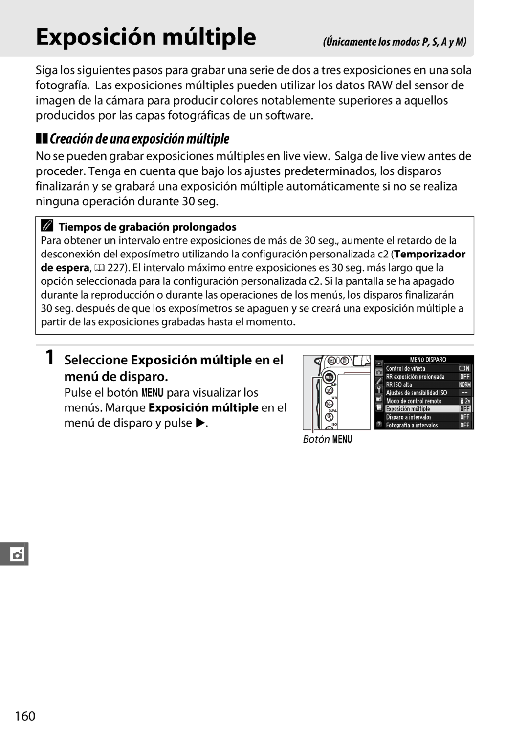 Nikon D600 manual Creación de una exposición múltiple, Seleccione Exposición múltiple en el menú de disparo, 160 
