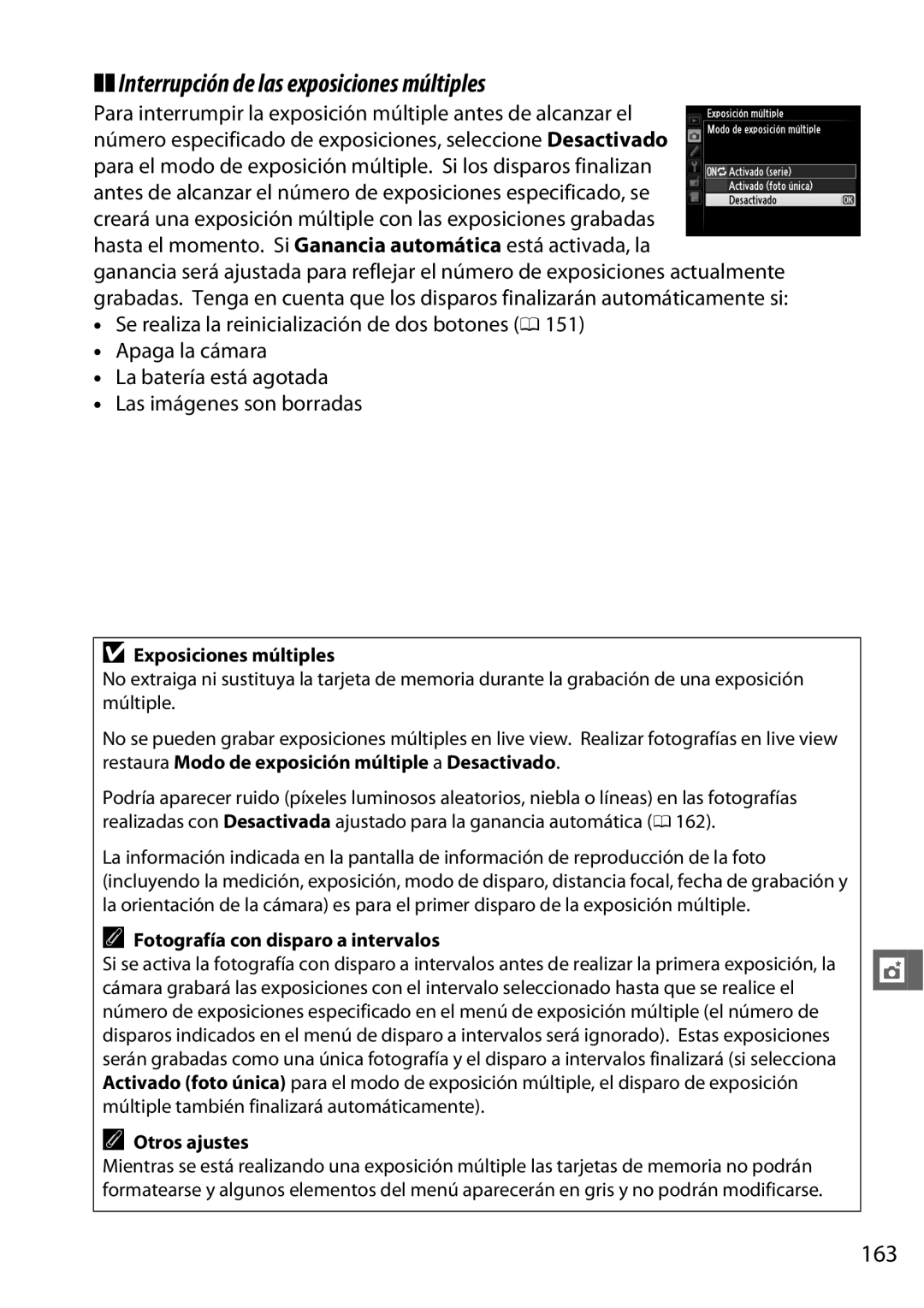 Nikon D600 manual Interrupción de las exposiciones múltiples, 163, Exposiciones múltiples, Otros ajustes 