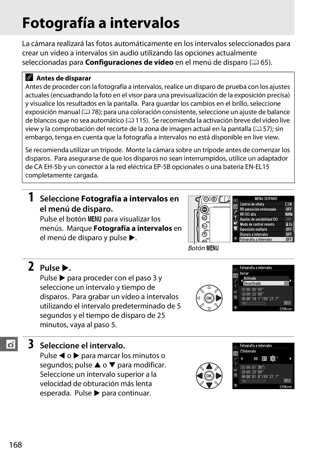 Nikon D600 manual Fotografía a intervalos, Pulse, 168 