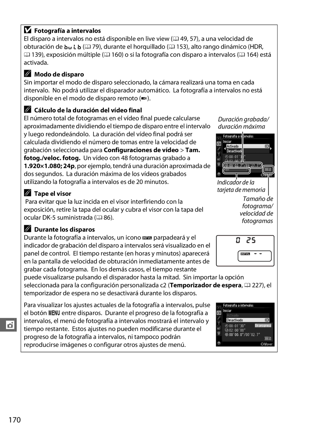 Nikon D600 manual 170, Fotografía a intervalos, Cálculo de la duración del vídeo final 