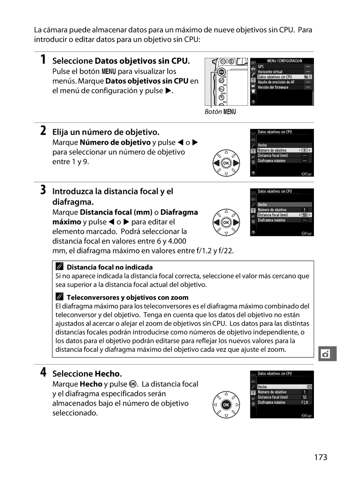 Nikon D600 manual Elija un número de objetivo, Introduzca la distancia focal y el diafragma, Seleccione Hecho, 173 