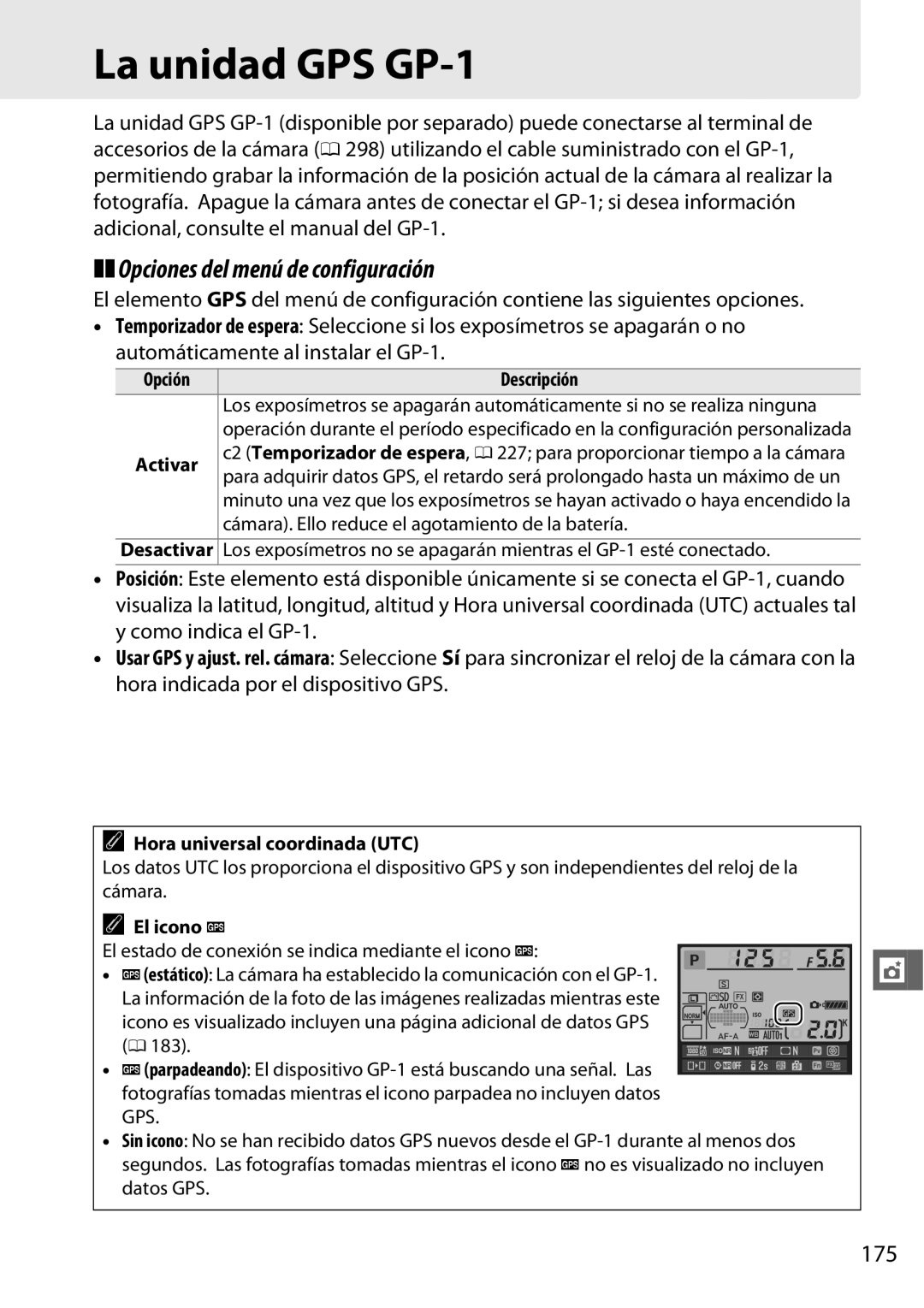 Nikon D600 manual La unidad GPS GP-1, Opciones del menú de configuración, 175, Hora universal coordinada UTC, El icono n 