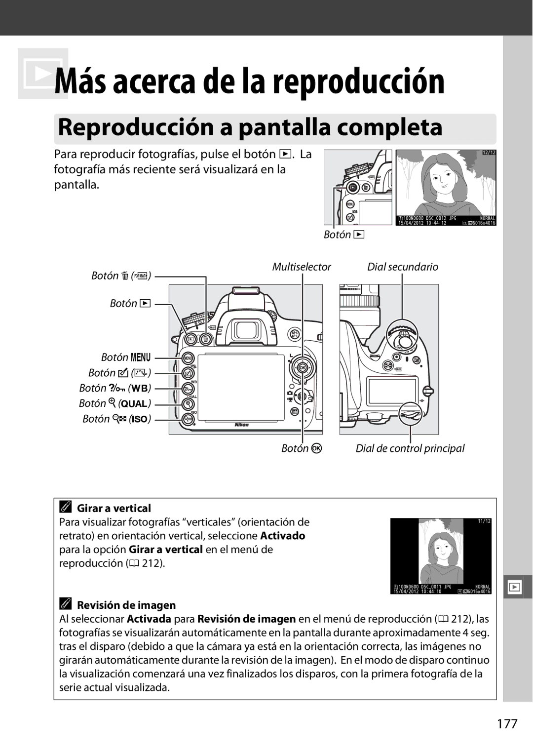 Nikon D600 manual Reproducción a pantalla completa, 177, Girar a vertical 