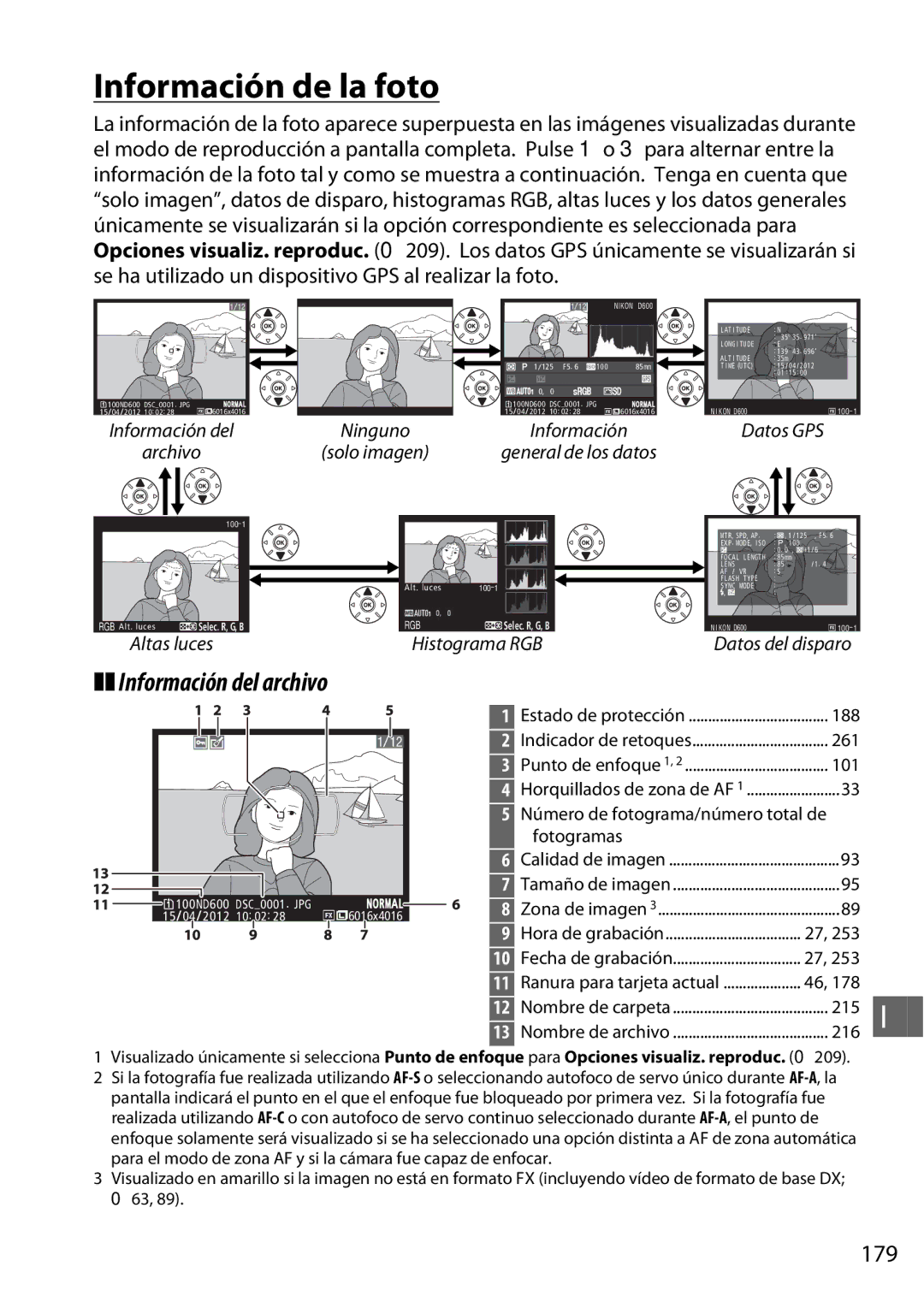 Nikon D600 manual Información de la foto, Información del archivo, 179 