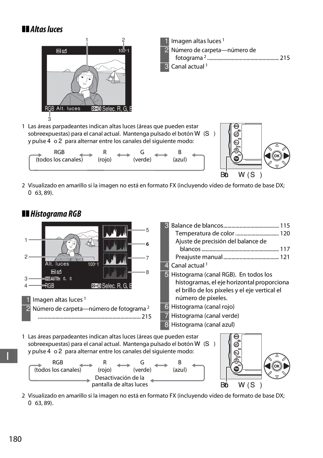 Nikon D600 manual Altas luces, Histograma RGB, 180 