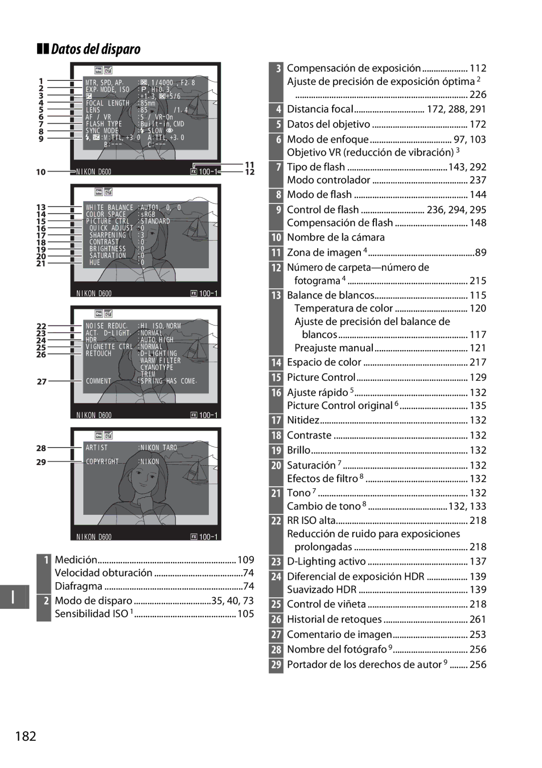 Nikon D600 manual Datos del disparo, 182 