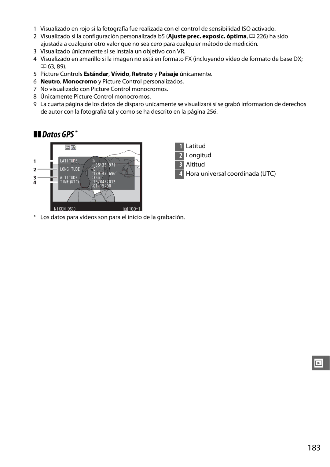 Nikon D600 manual Datos GPS, 183 