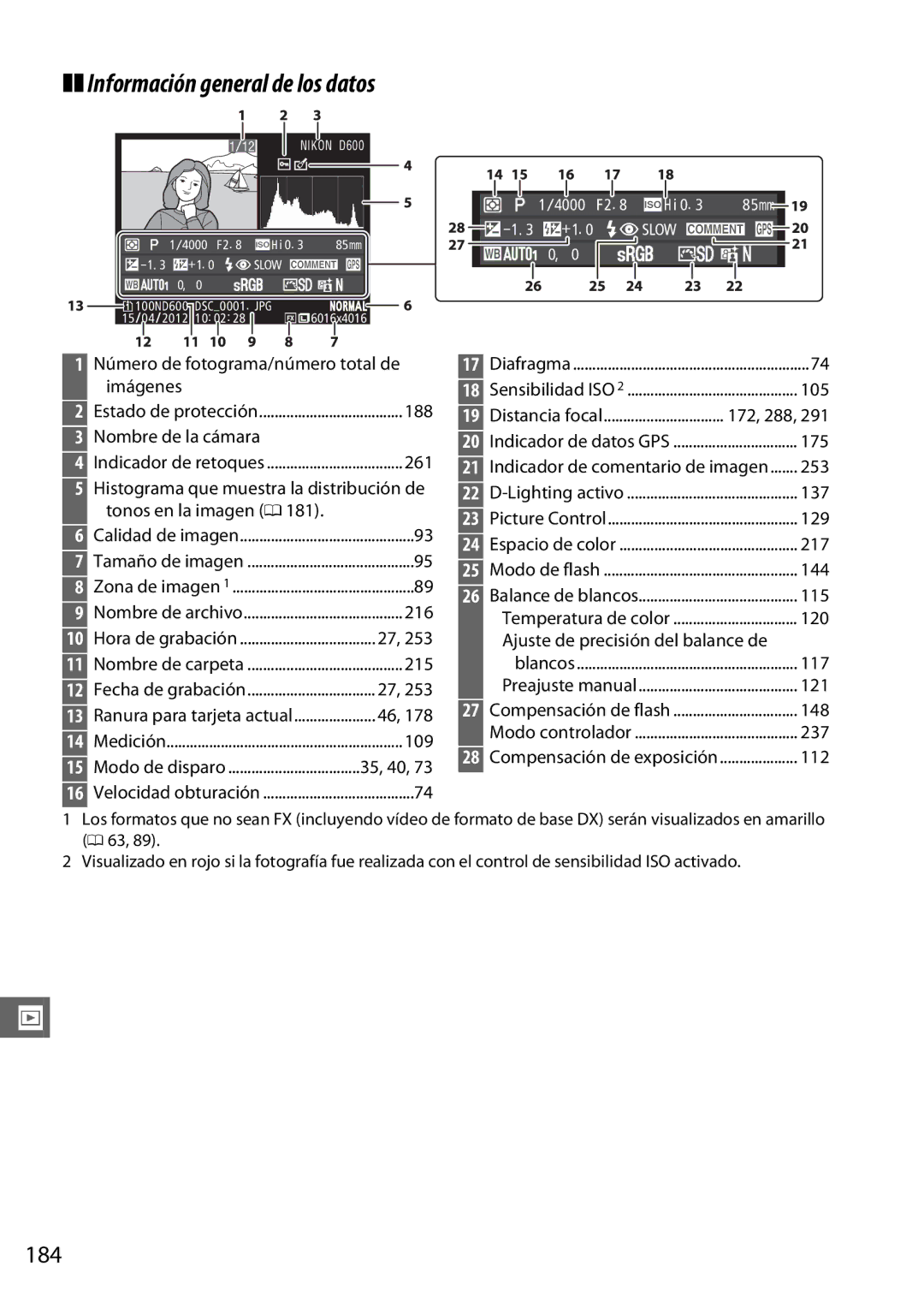 Nikon D600 manual Información general de los datos, 184 