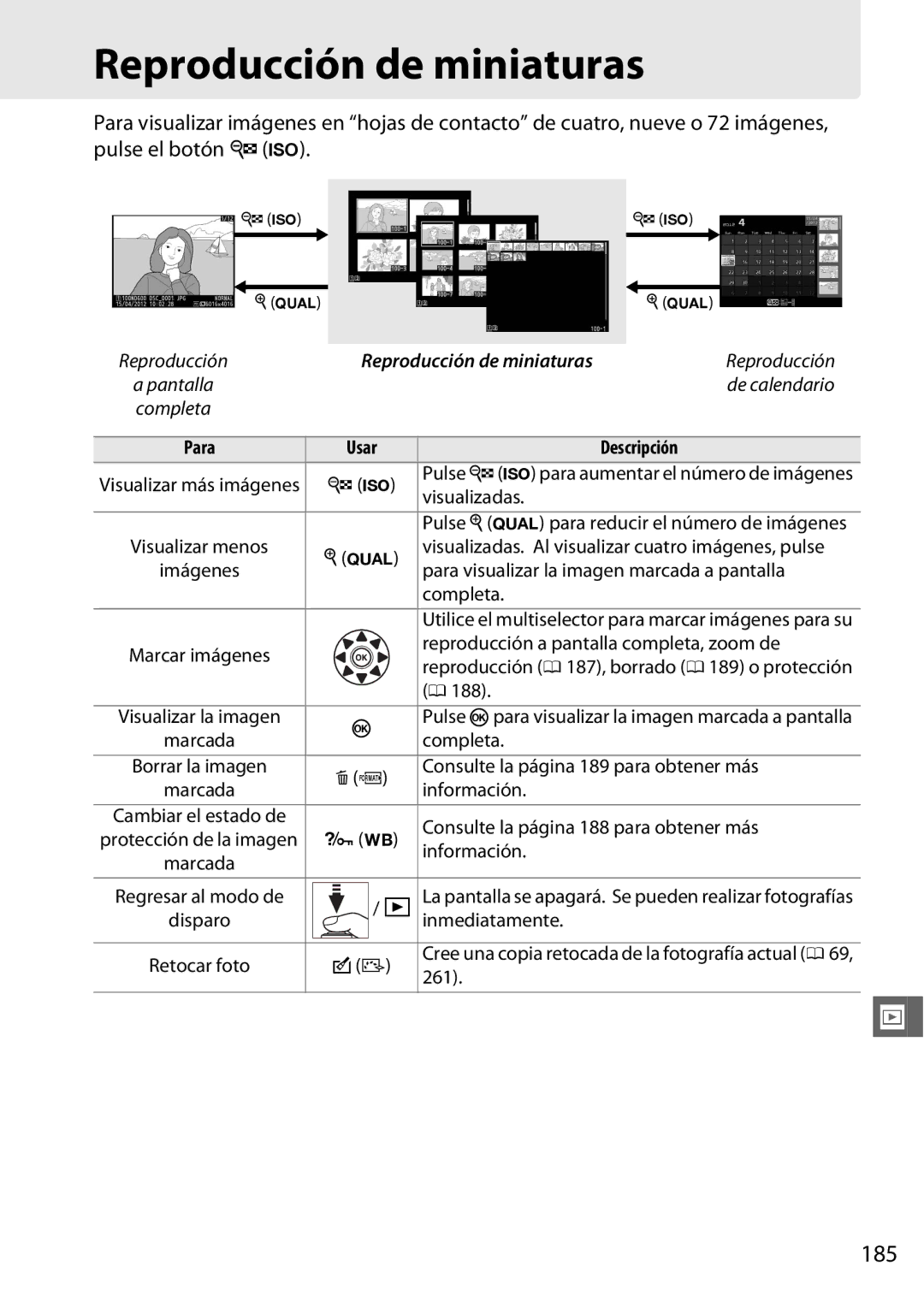 Nikon D600 manual Reproducción de miniaturas, 185 