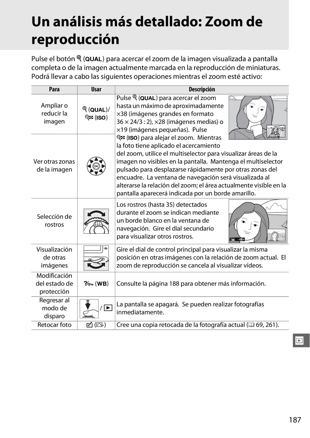 Nikon D600 manual Un análisis más detallado Zoom de reproducción, 187 
