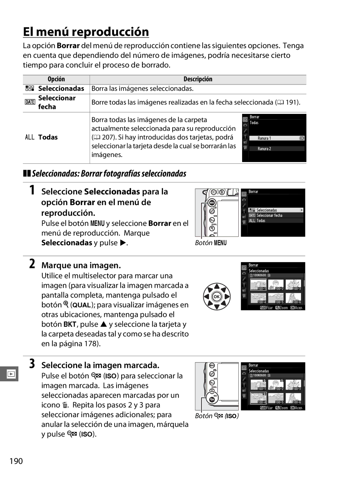 Nikon D600 manual El menú reproducción, Seleccionadas Borrar fotografías seleccionadas, Marque una imagen, 190 
