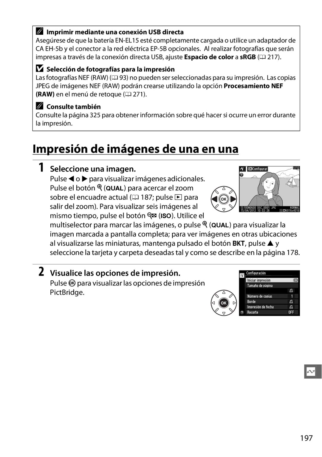 Nikon D600 manual Impresión de imágenes de una en una, Visualice las opciones de impresión, 197 