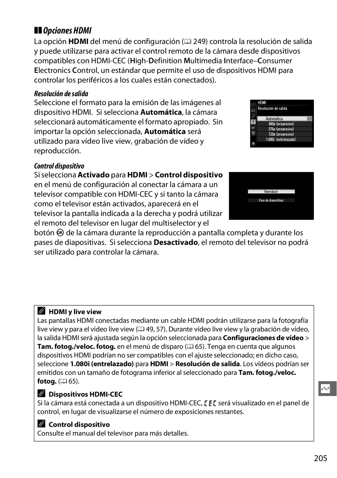 Nikon D600 manual Opciones Hdmi, 205, Hdmi y live view, Dispositivos HDMI-CEC, Control dispositivo 