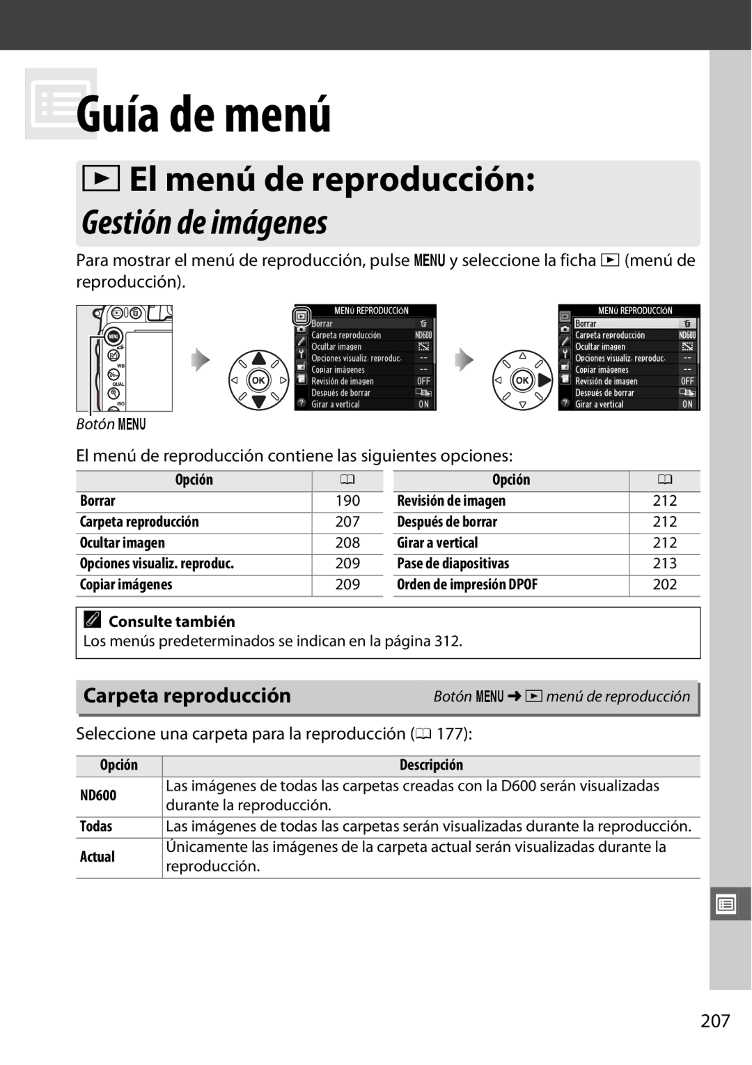 Nikon D600 DEl menú de reproducción, Carpeta reproducción, 207, El menú de reproducción contiene las siguientes opciones 