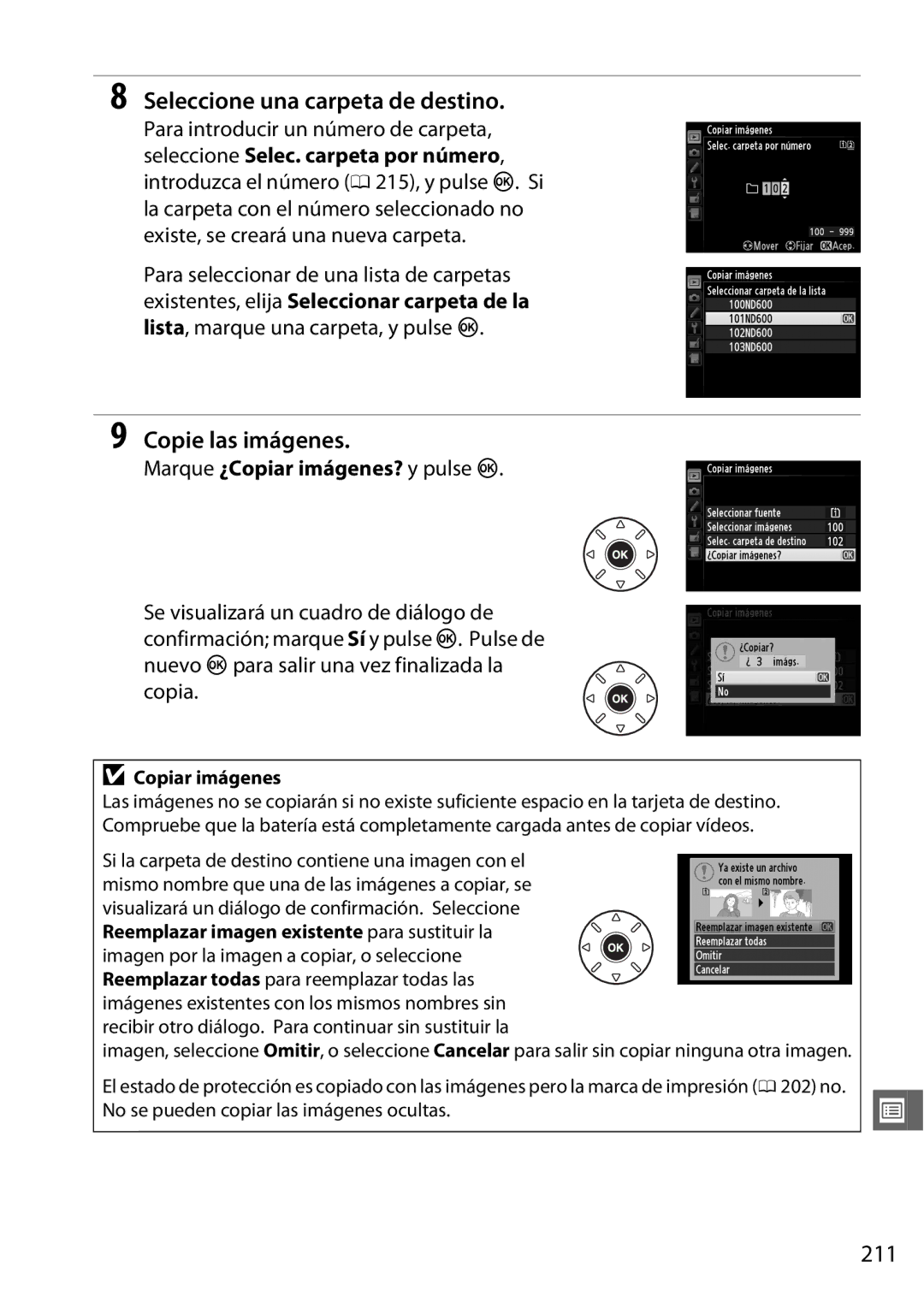 Nikon D600 manual Seleccione una carpeta de destino, Copie las imágenes, 211 