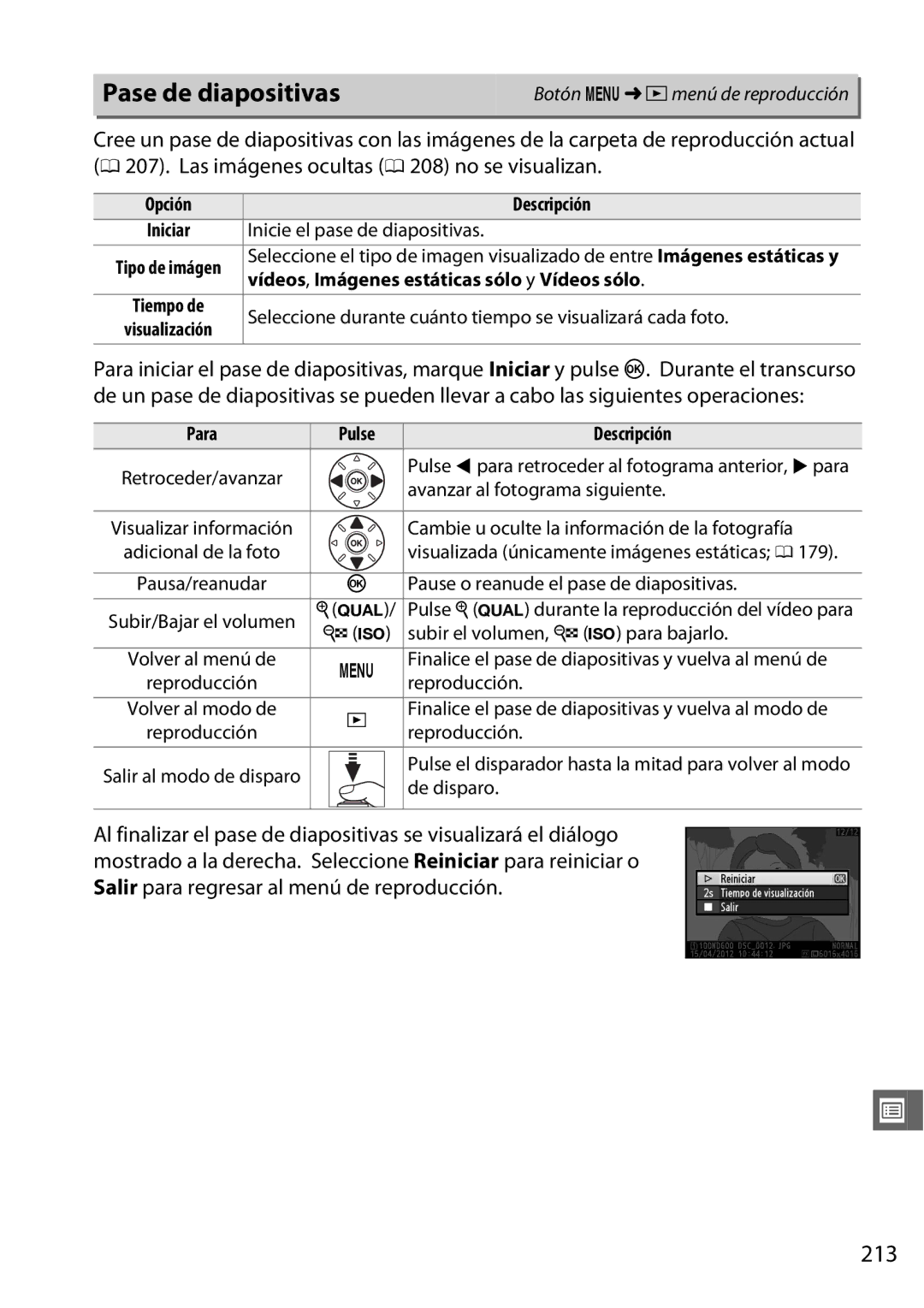 Nikon D600 manual Pase de diapositivas, 213, Vídeos , Imágenes estáticas sólo y Vídeos sólo 