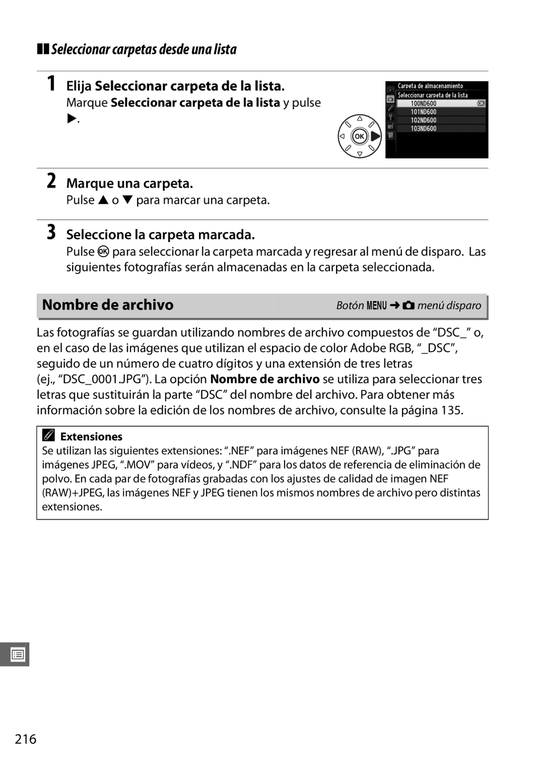 Nikon D600 manual Seleccionar carpetas desde una lista, Nombre de archivo, Elija Seleccionar carpeta de la lista 