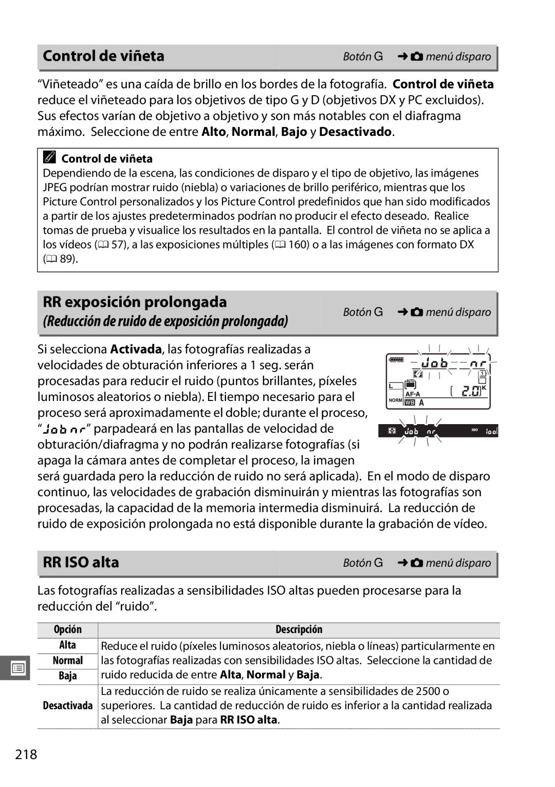 Nikon D600 manual Control de viñeta, RR ISO alta, 218, Apaga la cámara antes de completar el proceso, la imagen 