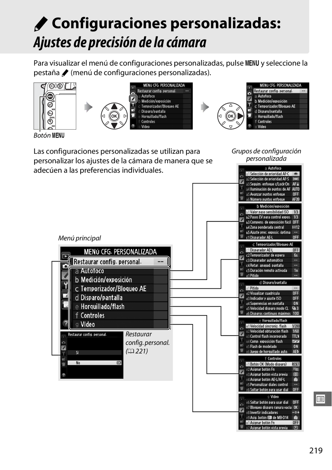 Nikon D600 manual AConfiguraciones personalizadas, 219, Las configuraciones personalizadas se utilizan para 