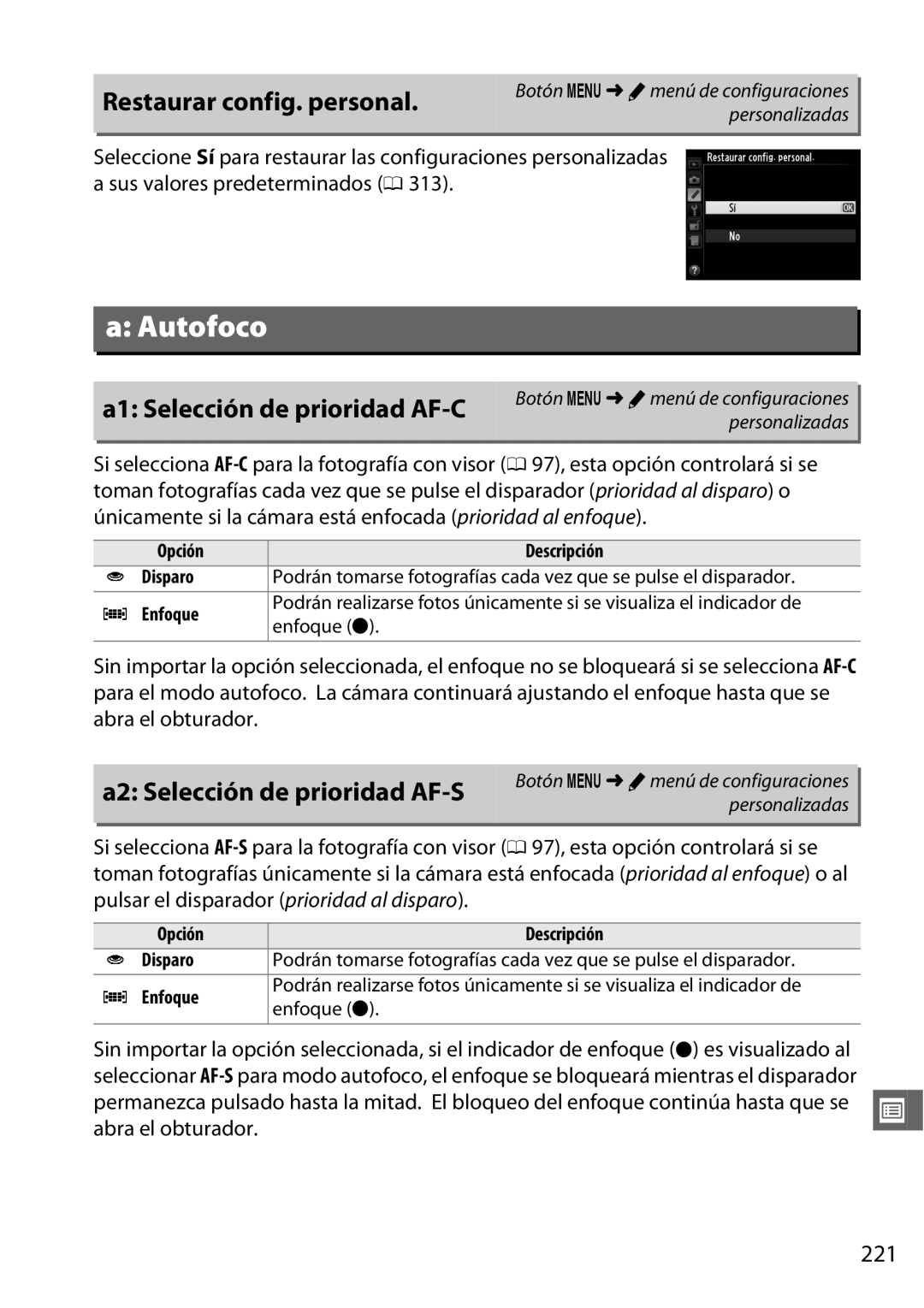 Nikon D600 manual Restaurar config. personal, A1 Selección de prioridad AF-C, A2 Selección de prioridad AF-S, 221 