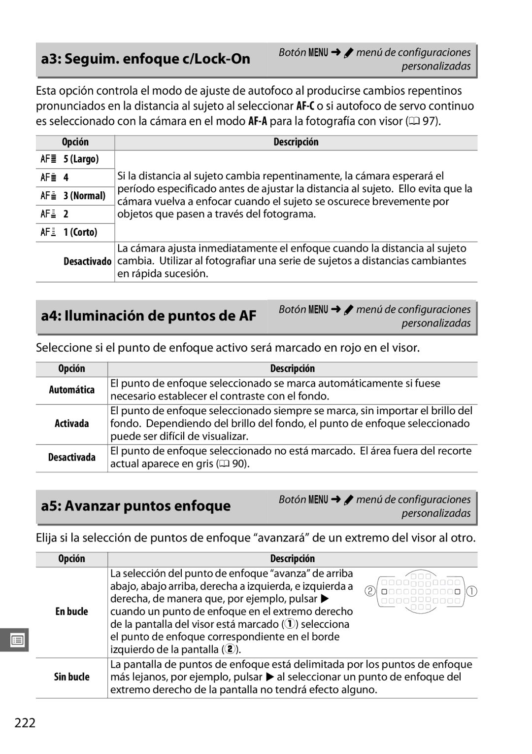 Nikon D600 manual A3 Seguim. enfoque c/Lock-On, A4 Iluminación de puntos de AF, A5 Avanzar puntos enfoque, 222 