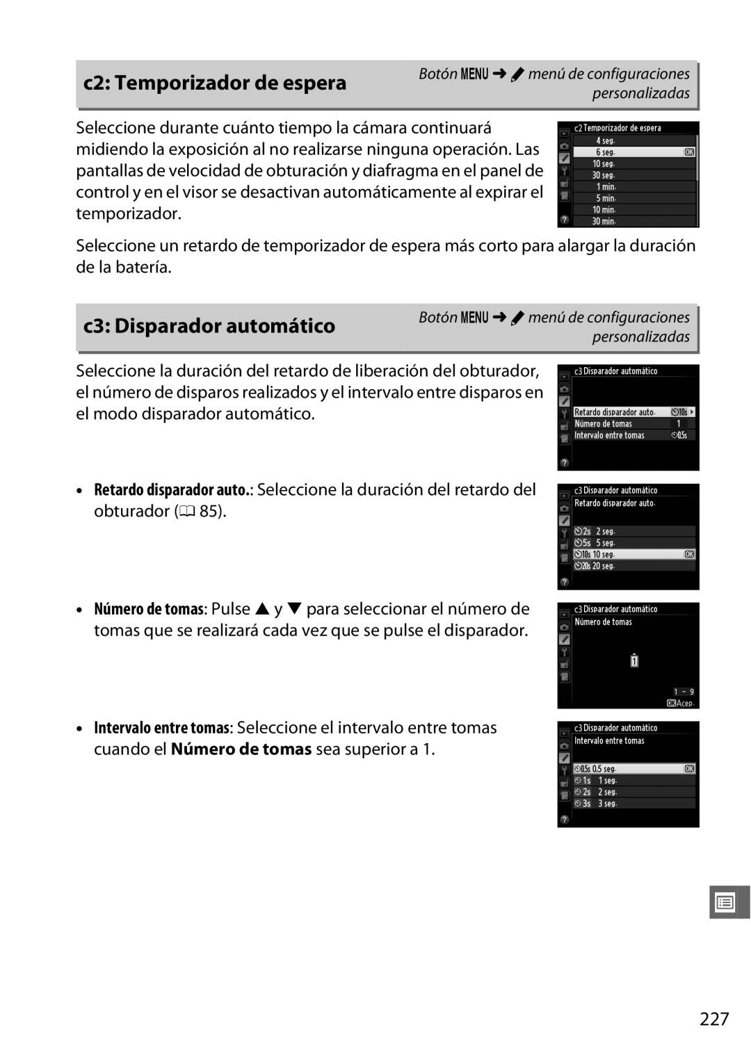 Nikon D600 manual C2 Temporizador de espera, C3 Disparador automático, 227 