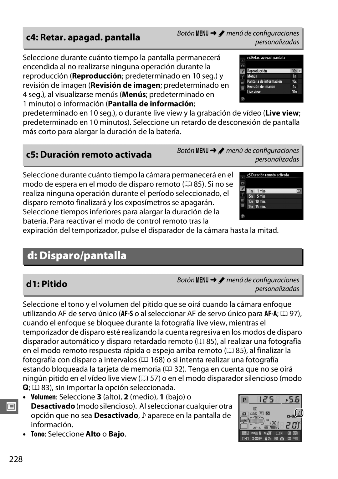 Nikon D600 manual C4 Retar. apagad. pantalla, C5 Duración remoto activada, D1 Pitido, 228 