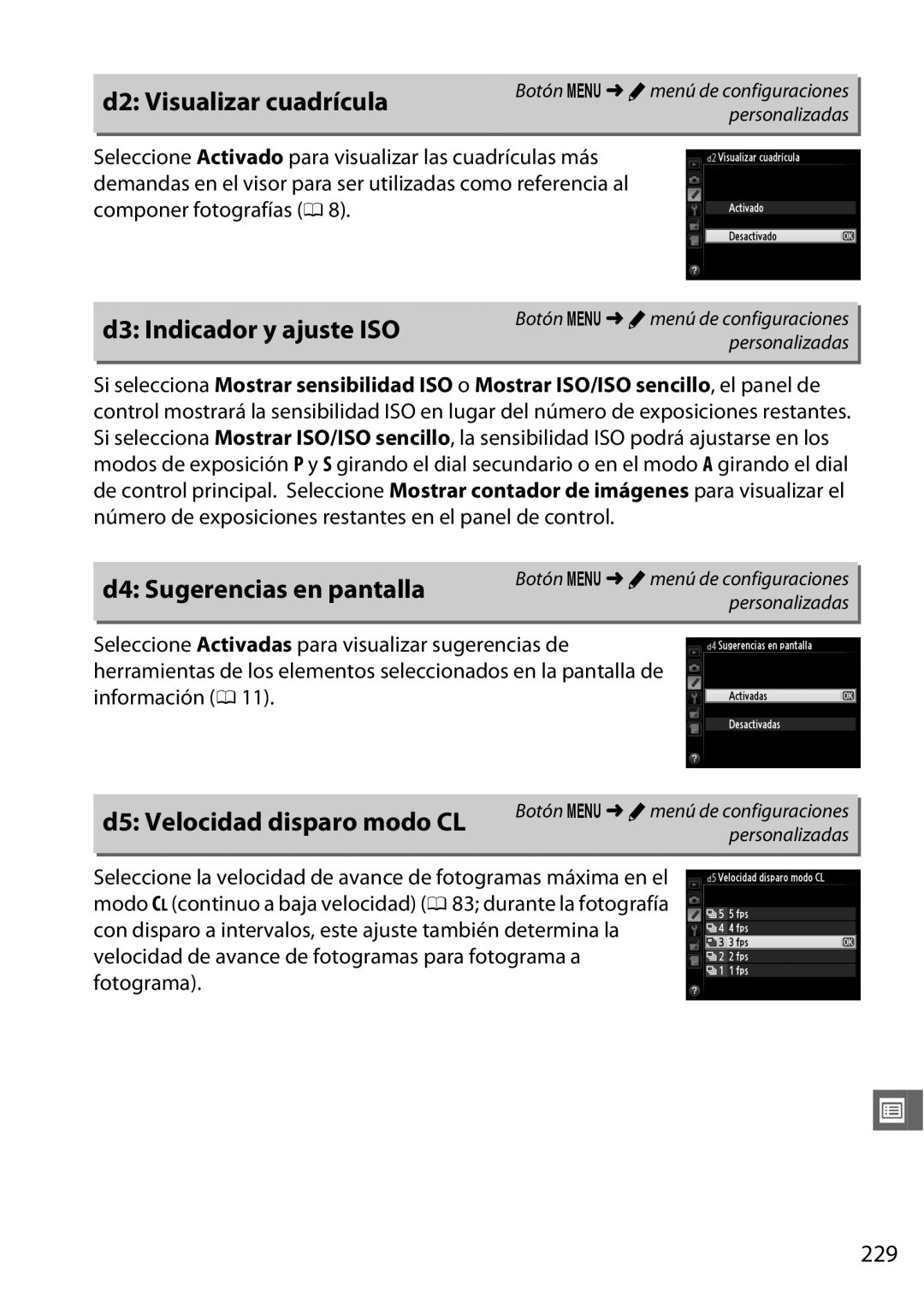 Nikon D600 D2 Visualizar cuadrícula, D3 Indicador y ajuste ISO, D4 Sugerencias en pantalla, D5 Velocidad disparo modo CL 