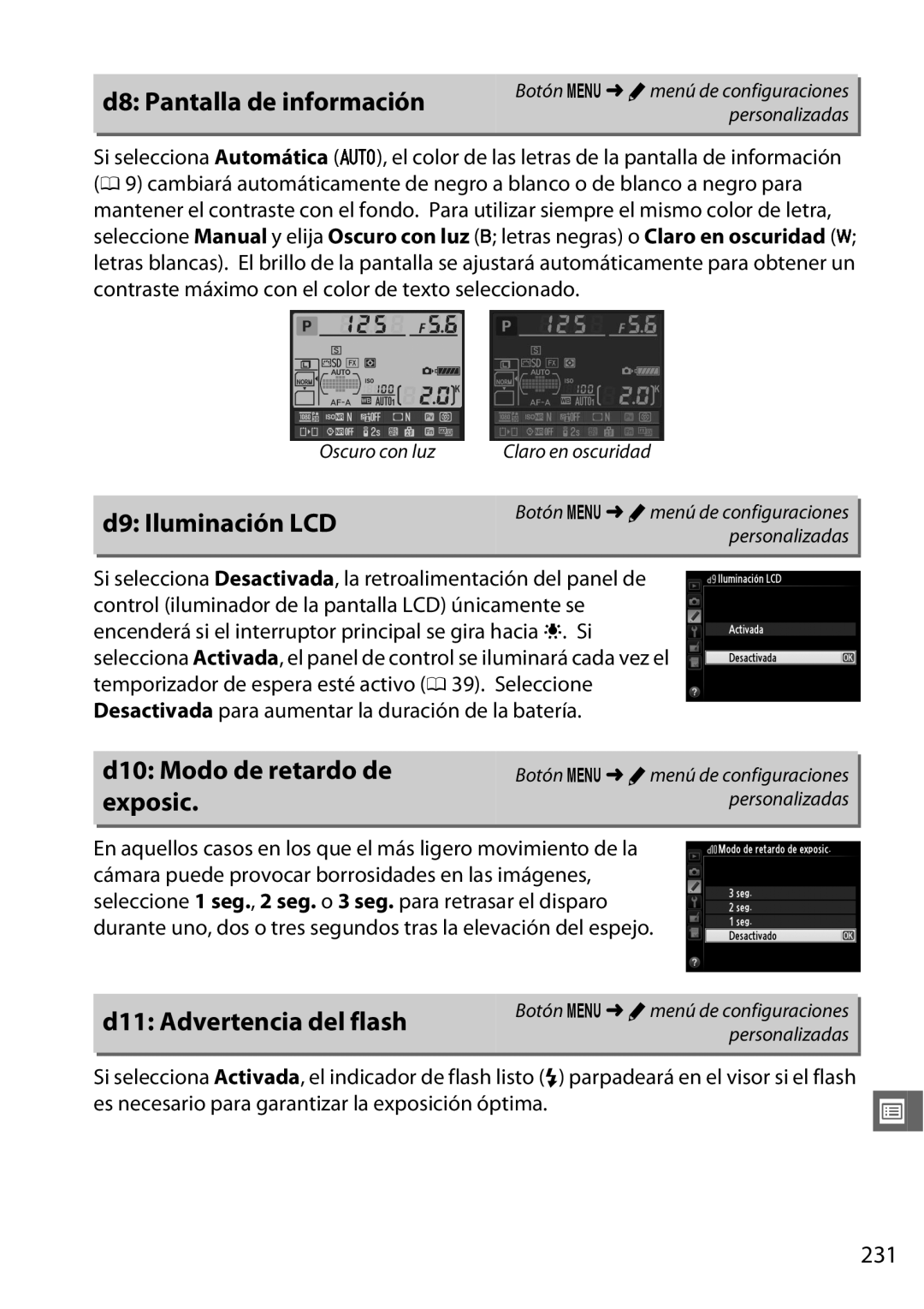 Nikon D600 D8 Pantalla de información, D9 Iluminación LCD, D10 Modo de retardo de exposic, D11 Advertencia del flash, 231 