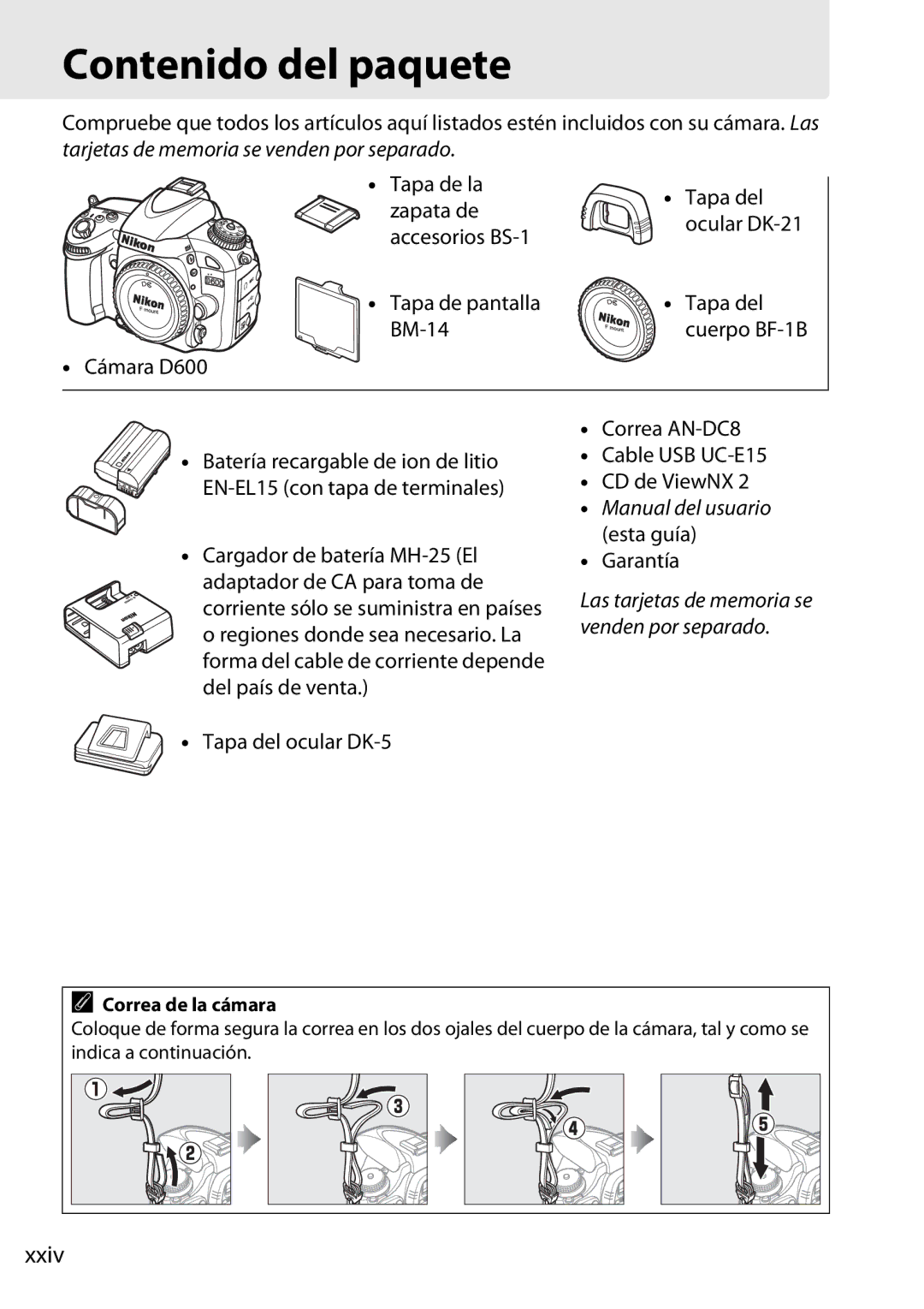 Nikon D600 manual Contenido del paquete, Xxiv 