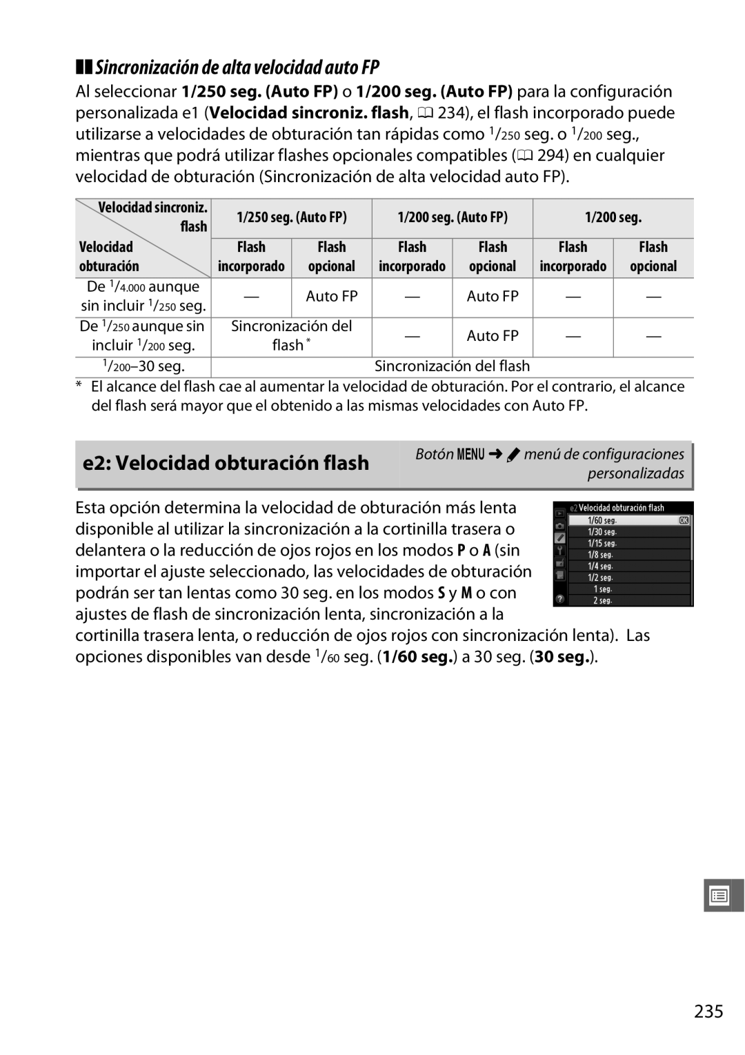 Nikon D600 manual Sincronización de alta velocidad auto FP, E2 Velocidad obturación flash, 235, 200 seg, Obturación 