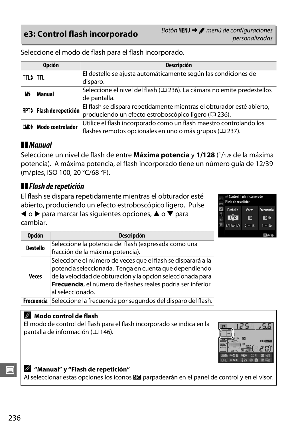 Nikon D600 manual E3 Control flash incorporado, Manual, Flash de repetición, 236 