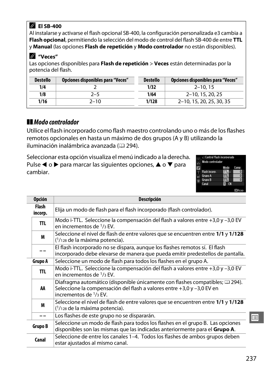 Nikon D600 manual Modo controlador, 237, El SB-400, Veces, Destello 