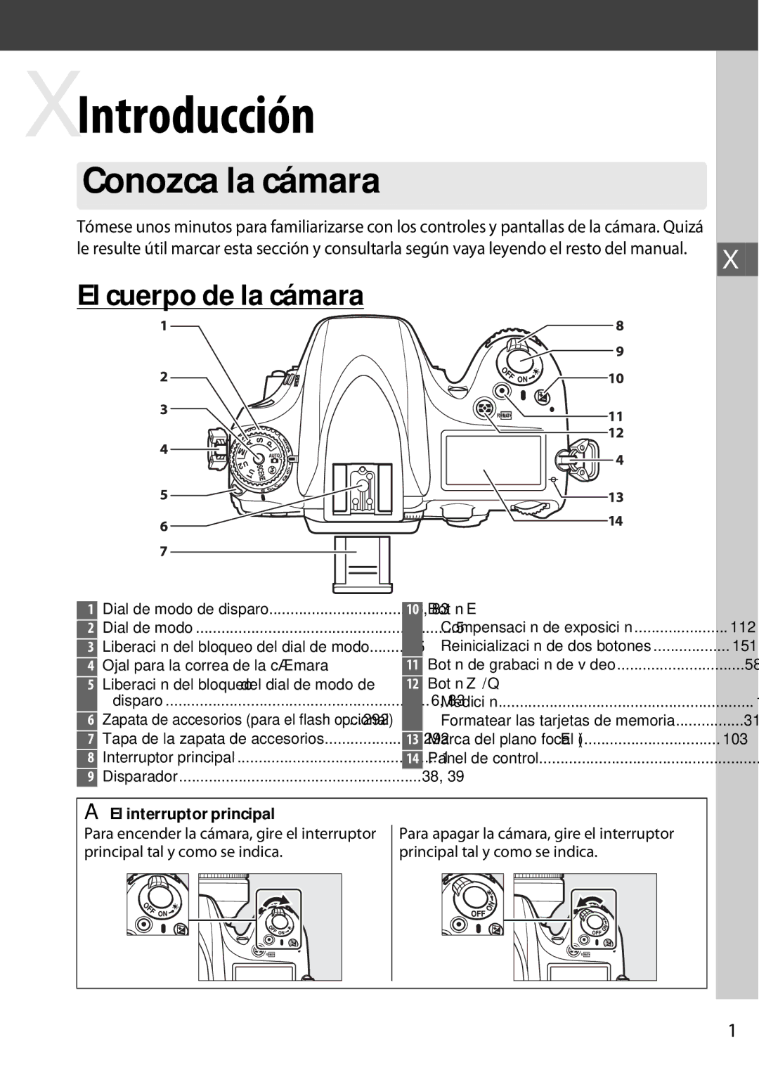 Nikon D600 manual Conozca la cámara, El cuerpo de la cámara, El interruptor principal, Principal tal y como se indica 