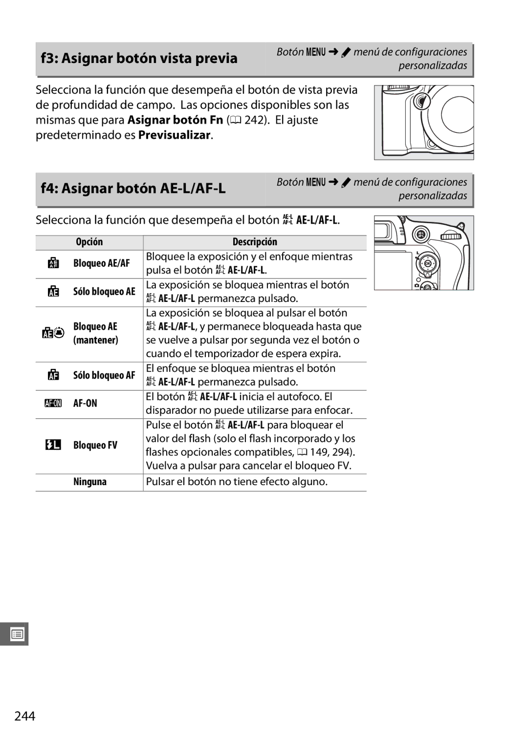 Nikon D600 manual F3 Asignar botón vista previa, F4 Asignar botón AE-L/AF-L, 244 