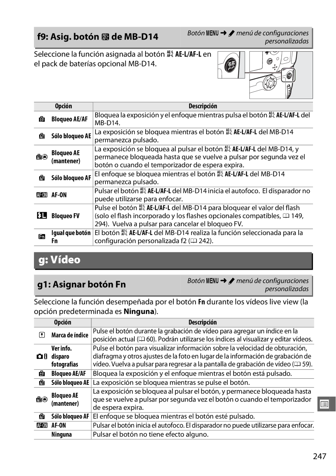 Nikon D600 manual F9 Asig. botón 4de MB-D14, G1 Asignar botón Fn, 247 