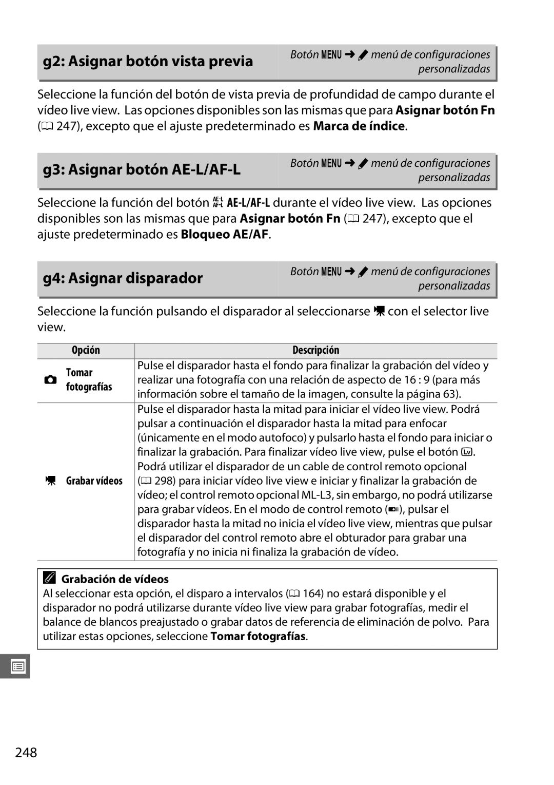 Nikon D600 manual G2 Asignar botón vista previa, G3 Asignar botón AE-L/AF-L, G4 Asignar disparador, 248 
