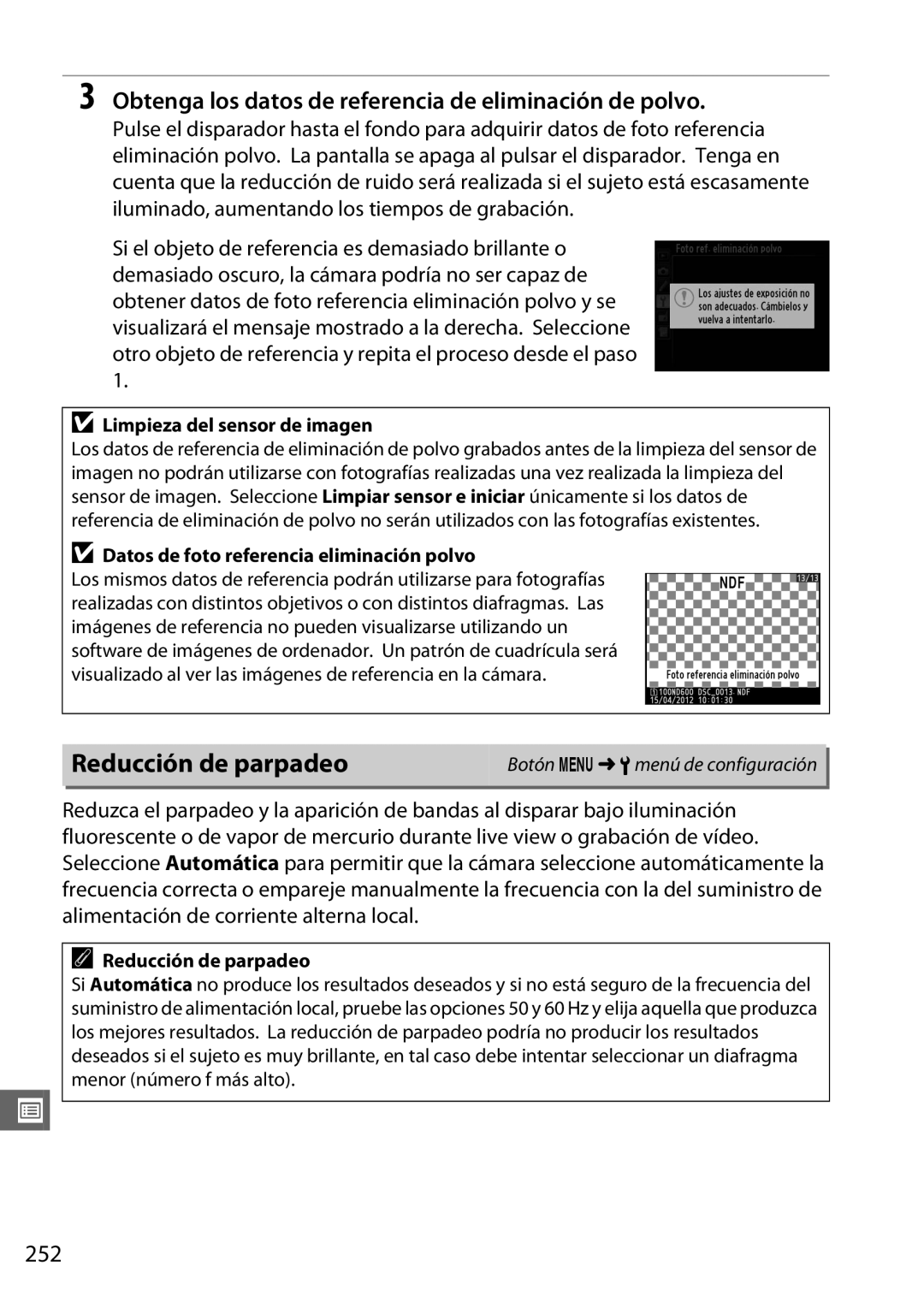 Nikon D600 manual Reducción de parpadeo, Obtenga los datos de referencia de eliminación de polvo, 252 