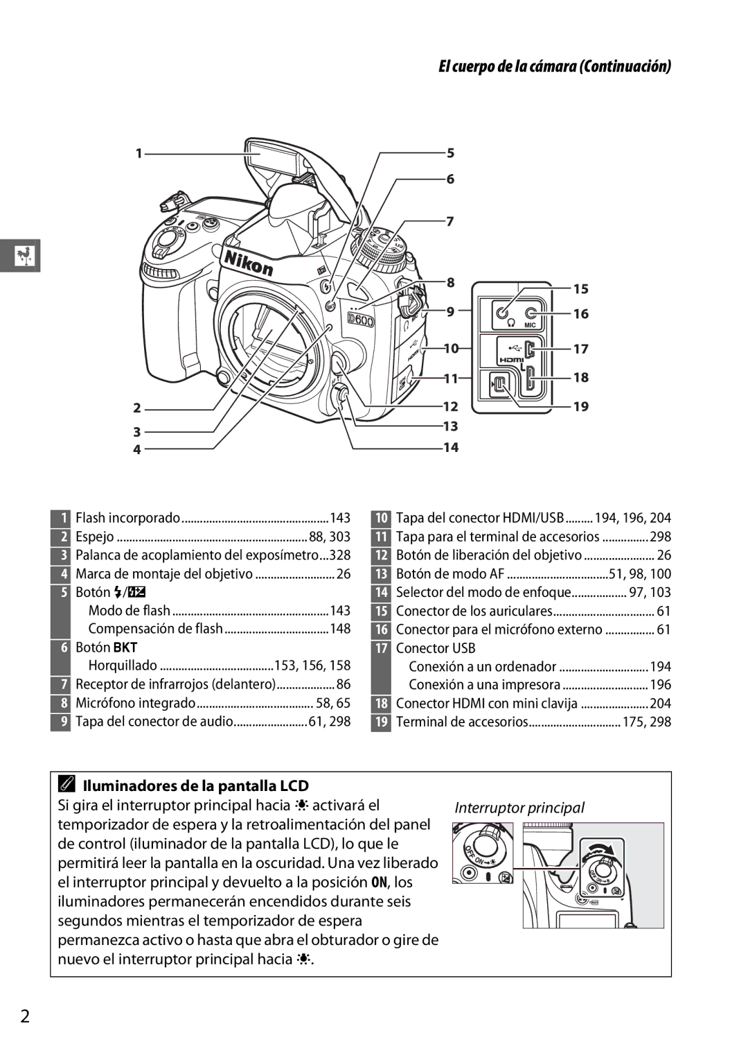 Nikon D600 manual Iluminadores de la pantalla LCD, Si gira el interruptor principal hacia D activará el 