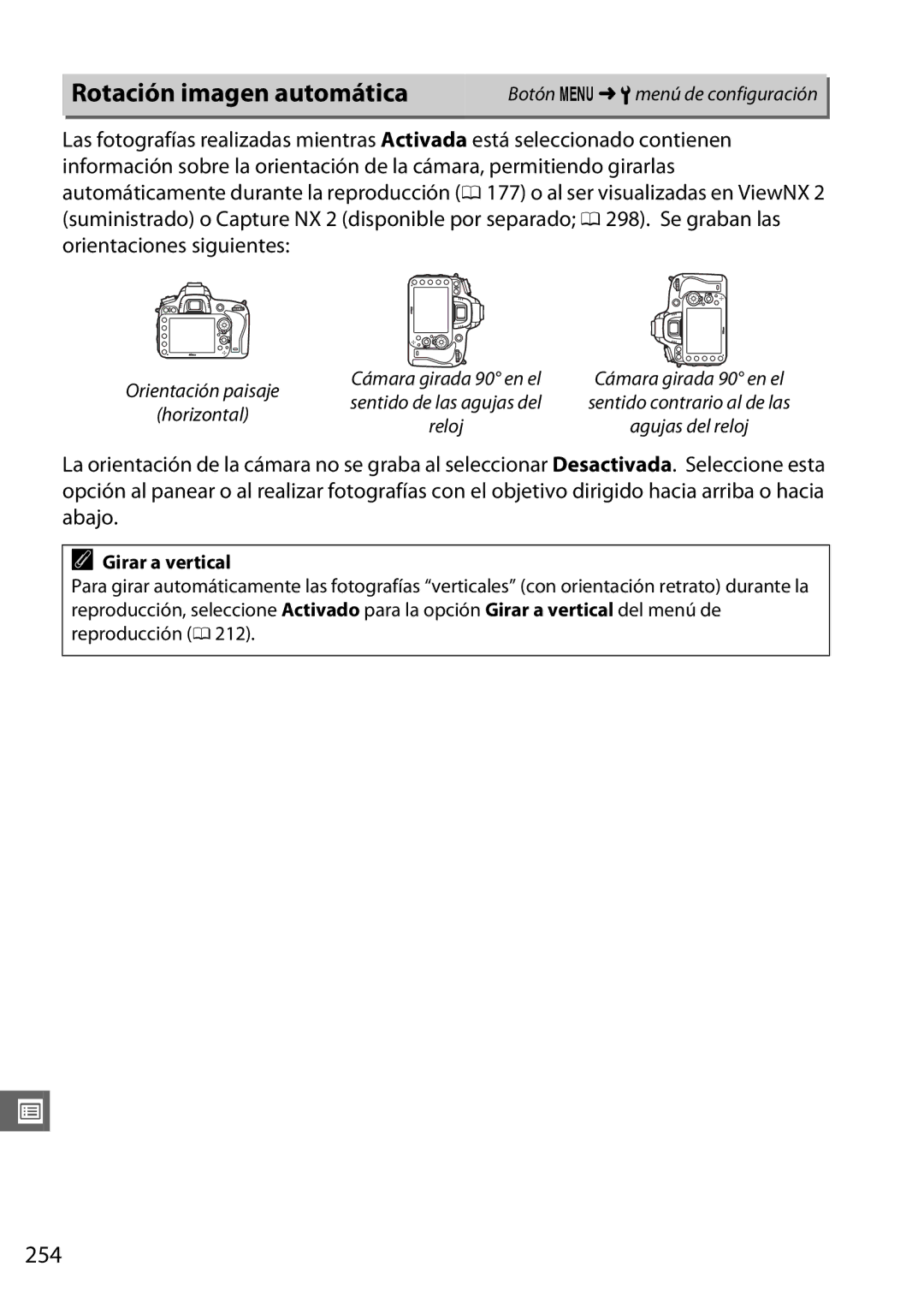 Nikon D600 manual Rotación imagen automática, 254 
