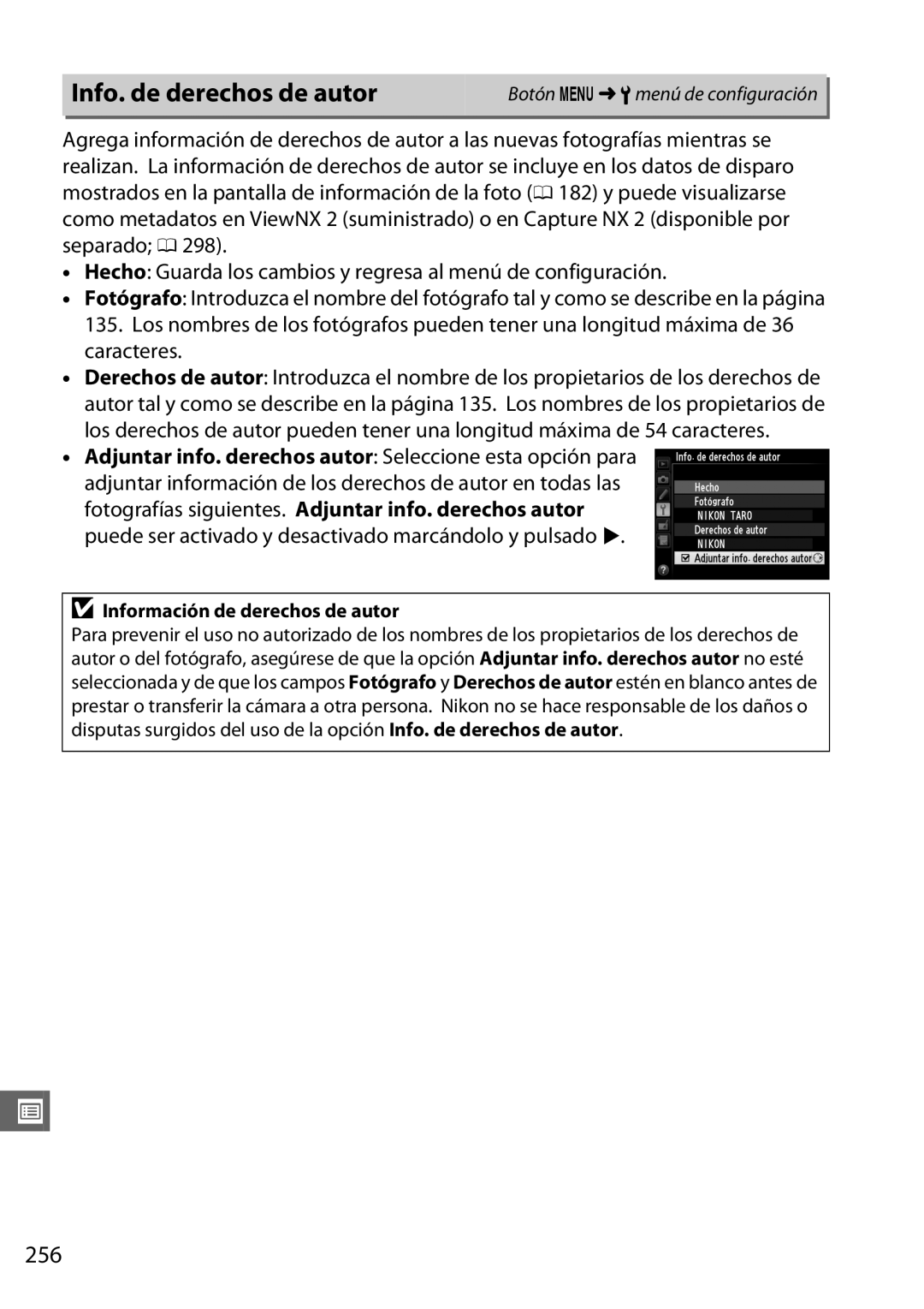 Nikon D600 manual Info. de derechos de autor, 256, Información de derechos de autor 