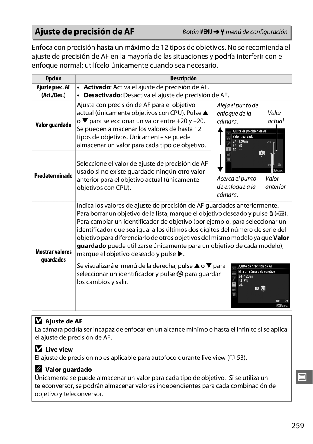 Nikon D600 manual Ajuste de precisión de AF, 259, Ajuste de AF, Valor guardado 