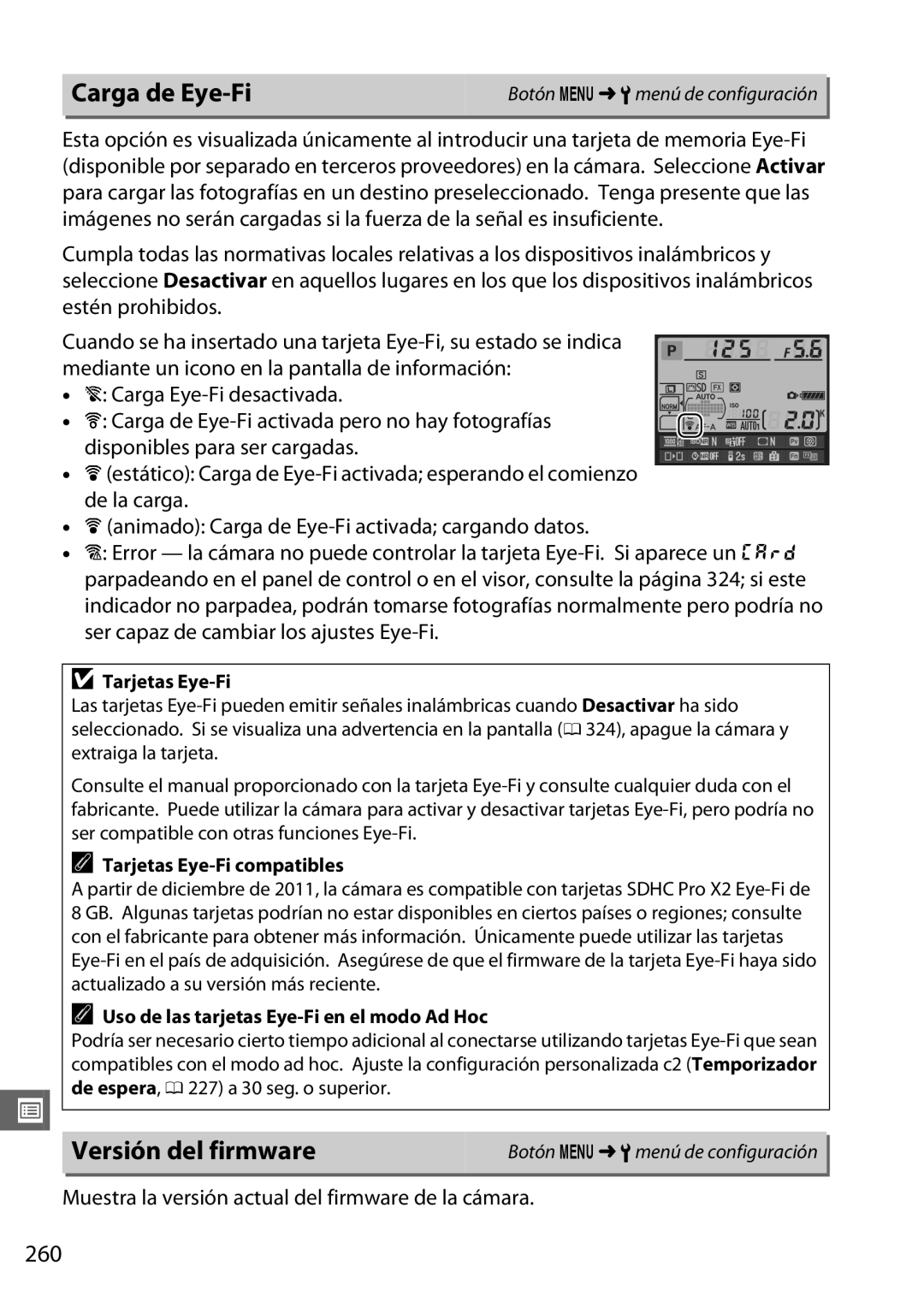 Nikon D600 manual Carga de Eye-Fi, Versión del firmware, 260, Muestra la versión actual del firmware de la cámara 