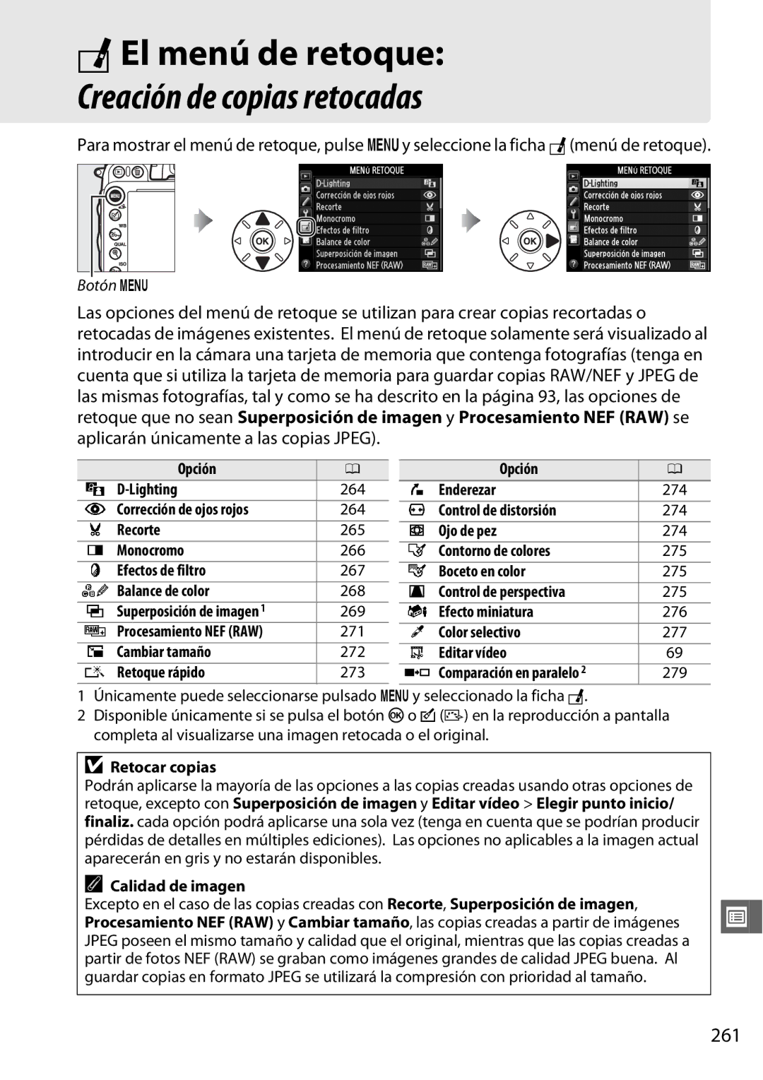 Nikon D600 manual NEl menú de retoque, 261 