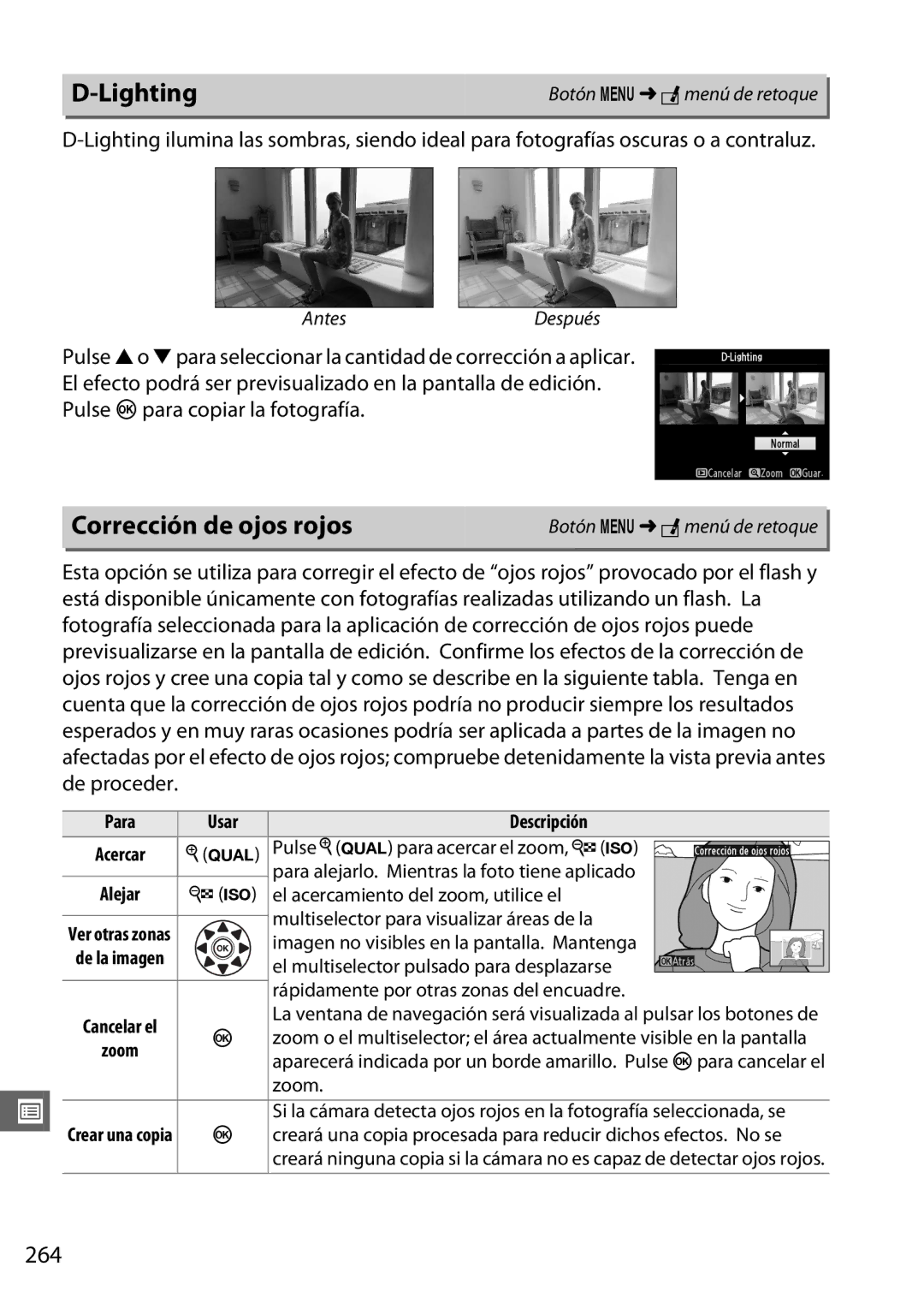 Nikon D600 manual Lighting, Corrección de ojos rojos, 264, Para Usar Descripción 