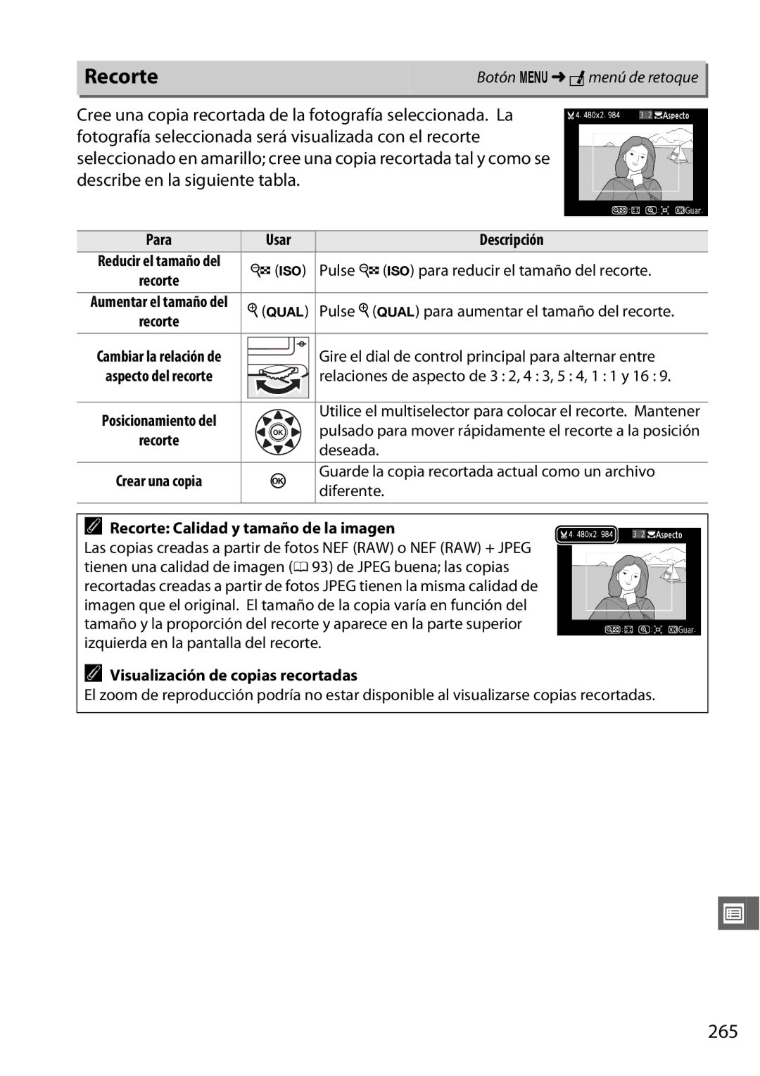 Nikon D600 manual 265, Recorte Calidad y tamaño de la imagen, Visualización de copias recortadas 