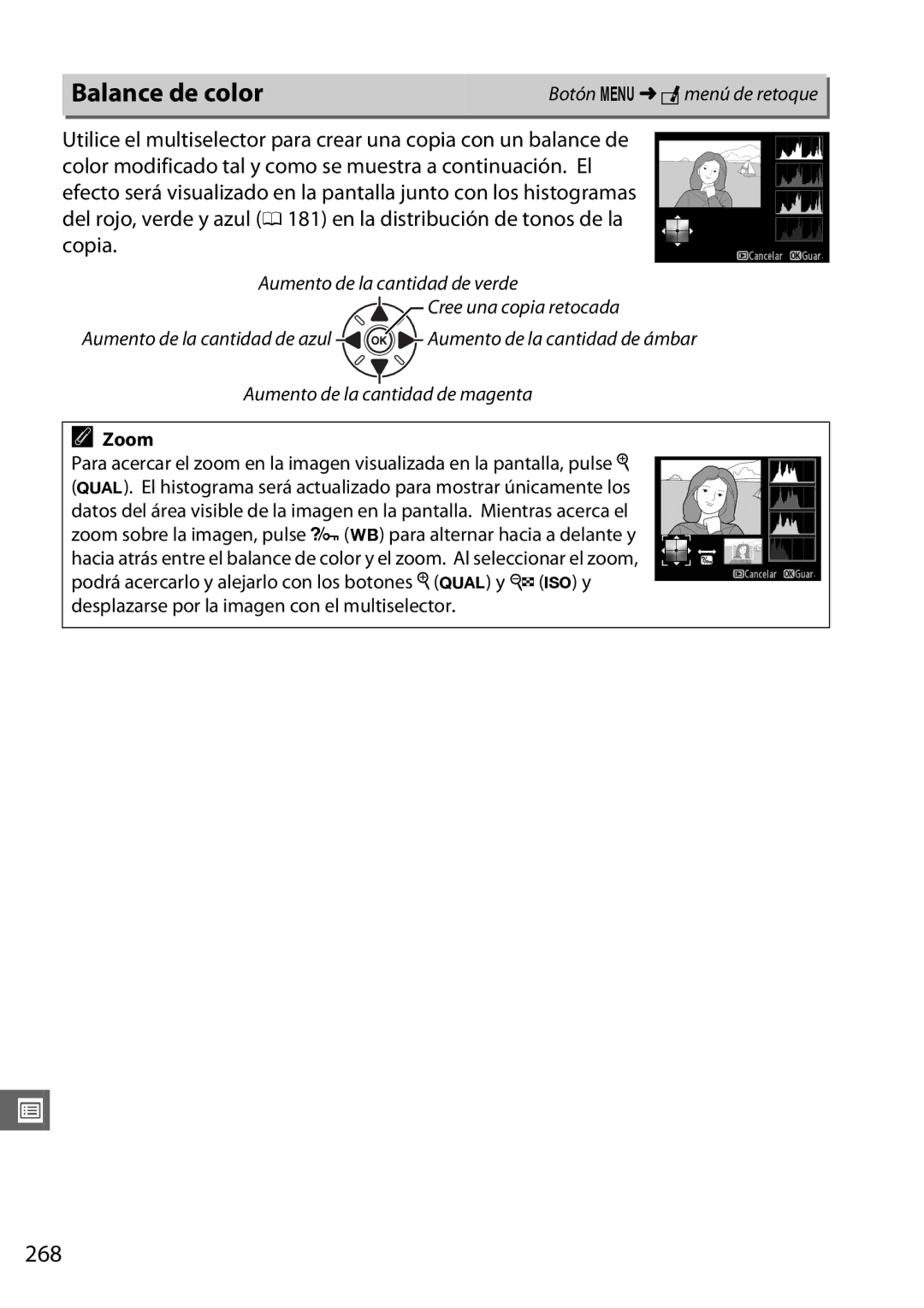 Nikon D600 manual Balance de color, 268, Zoom 