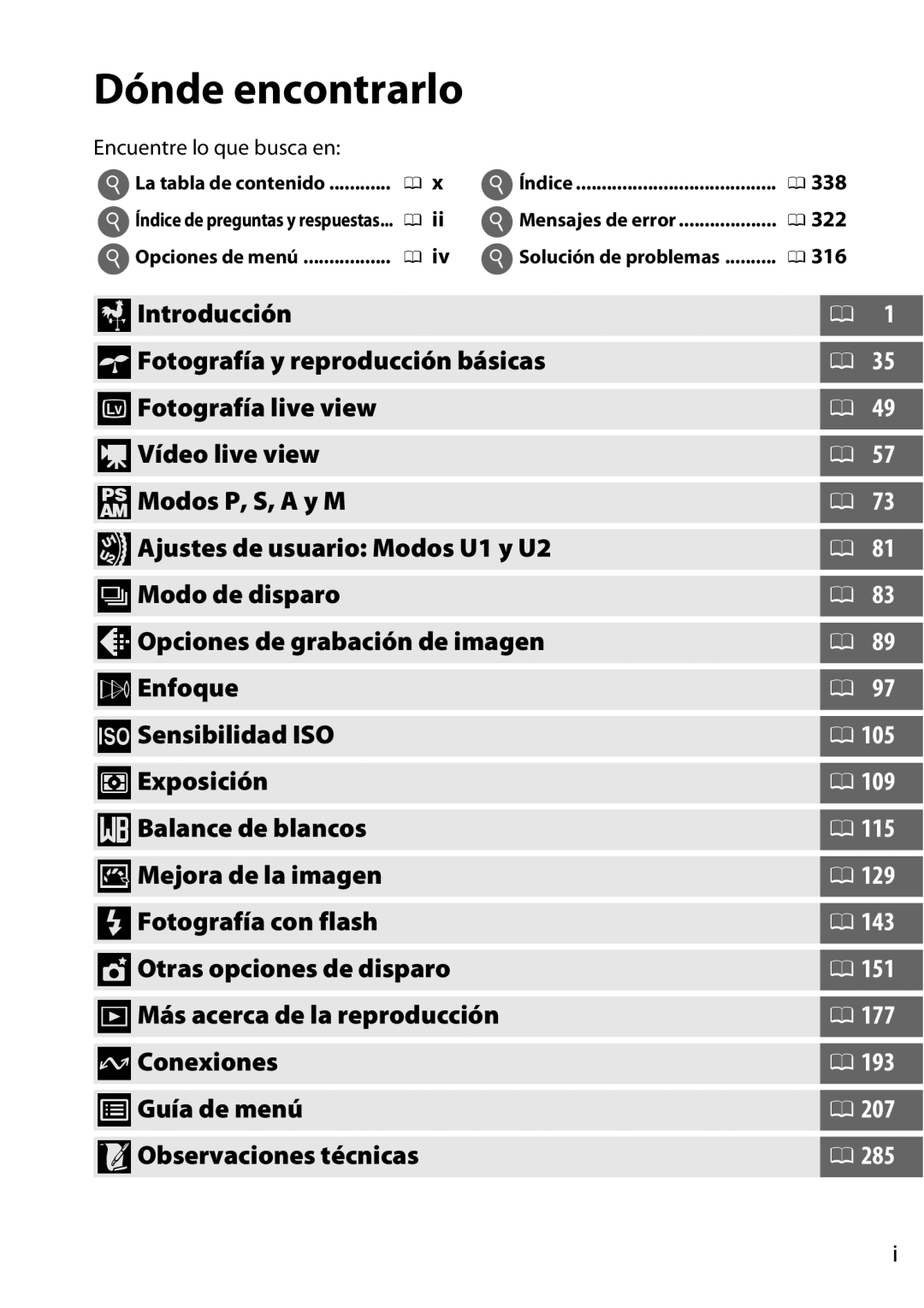 Nikon D600 manual Dónde encontrarlo, Encuentre lo que busca en, La tabla de contenido Índice, Opciones de menú 