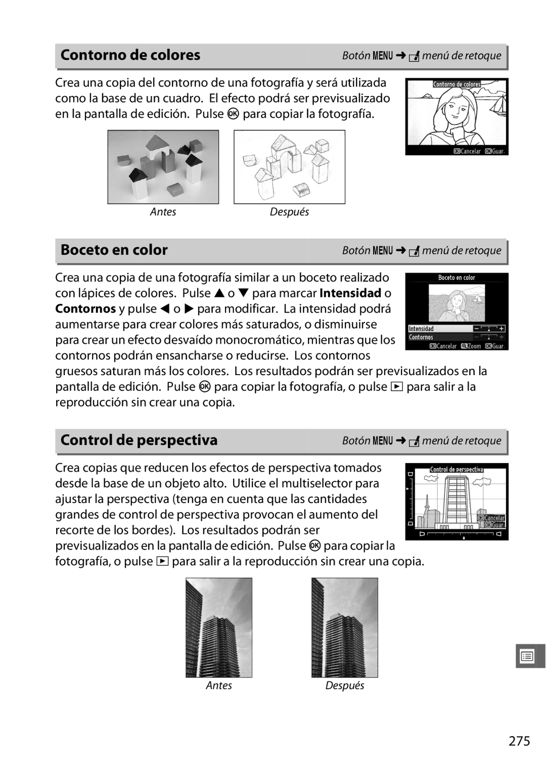 Nikon D600 manual Contorno de colores, Boceto en color, Control de perspectiva, 275 